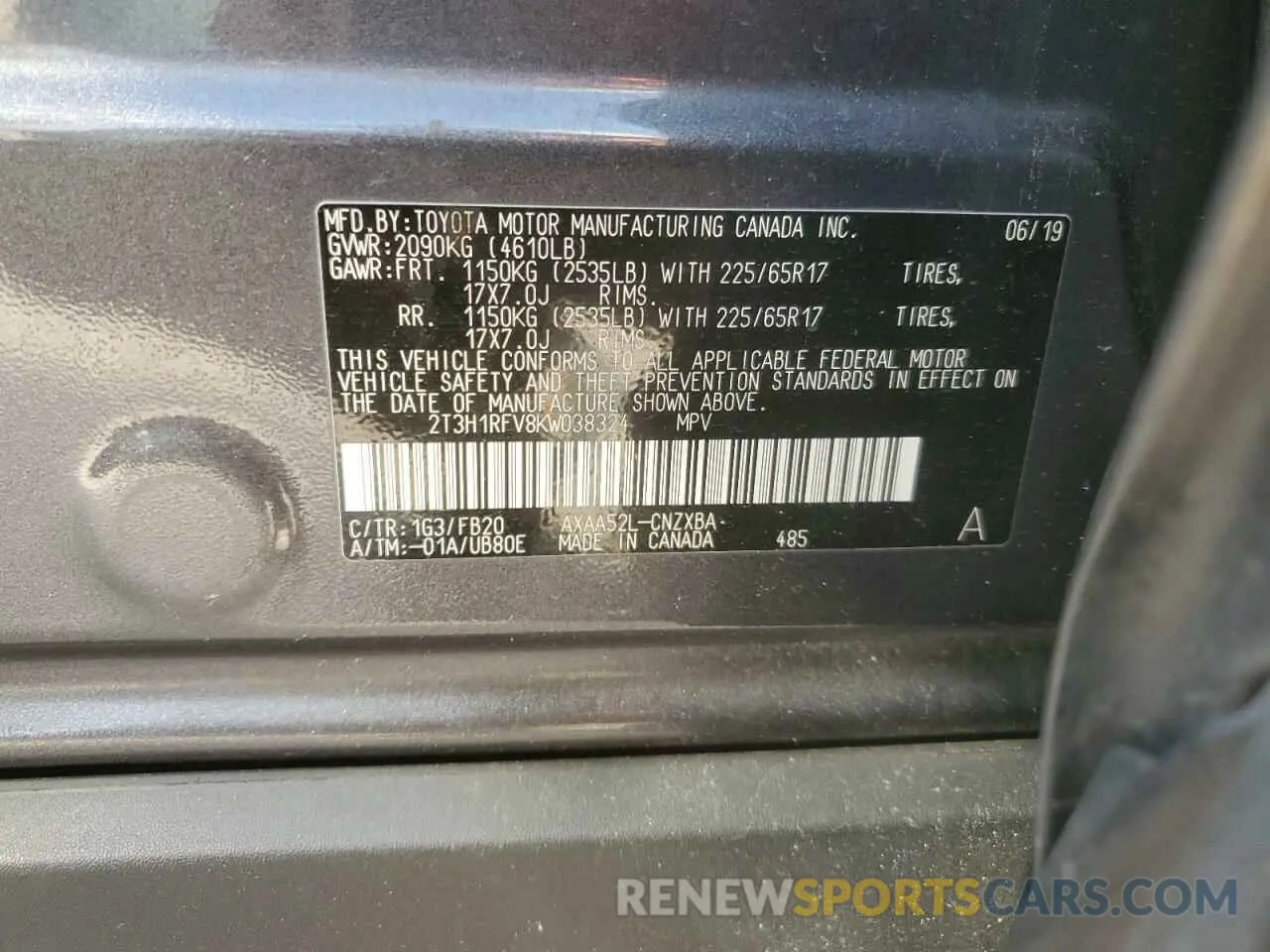 13 Photograph of a damaged car 2T3H1RFV8KW038324 TOYOTA RAV4 2019