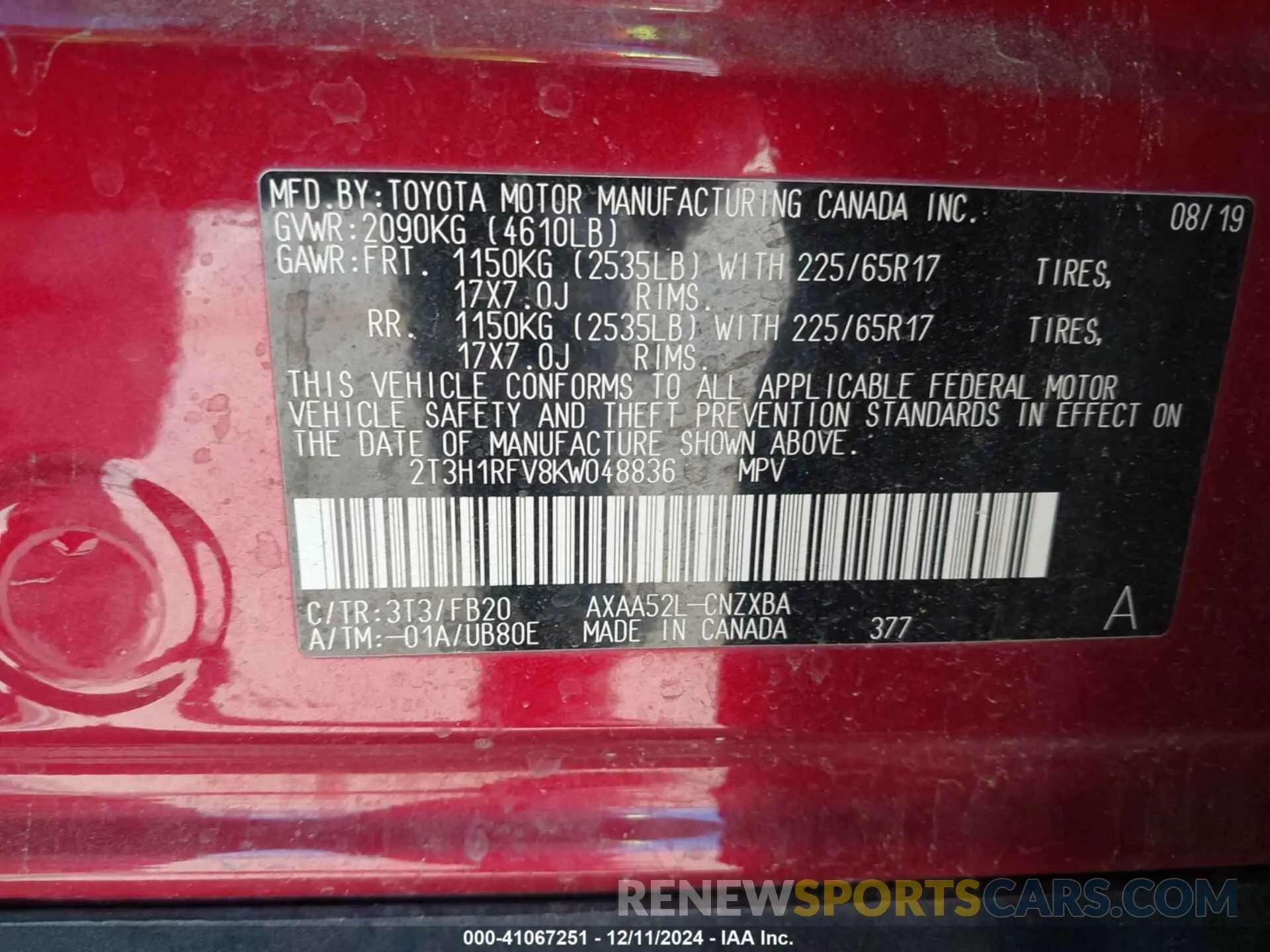 9 Фотография поврежденного автомобиля 2T3H1RFV8KW048836 TOYOTA RAV4 2019