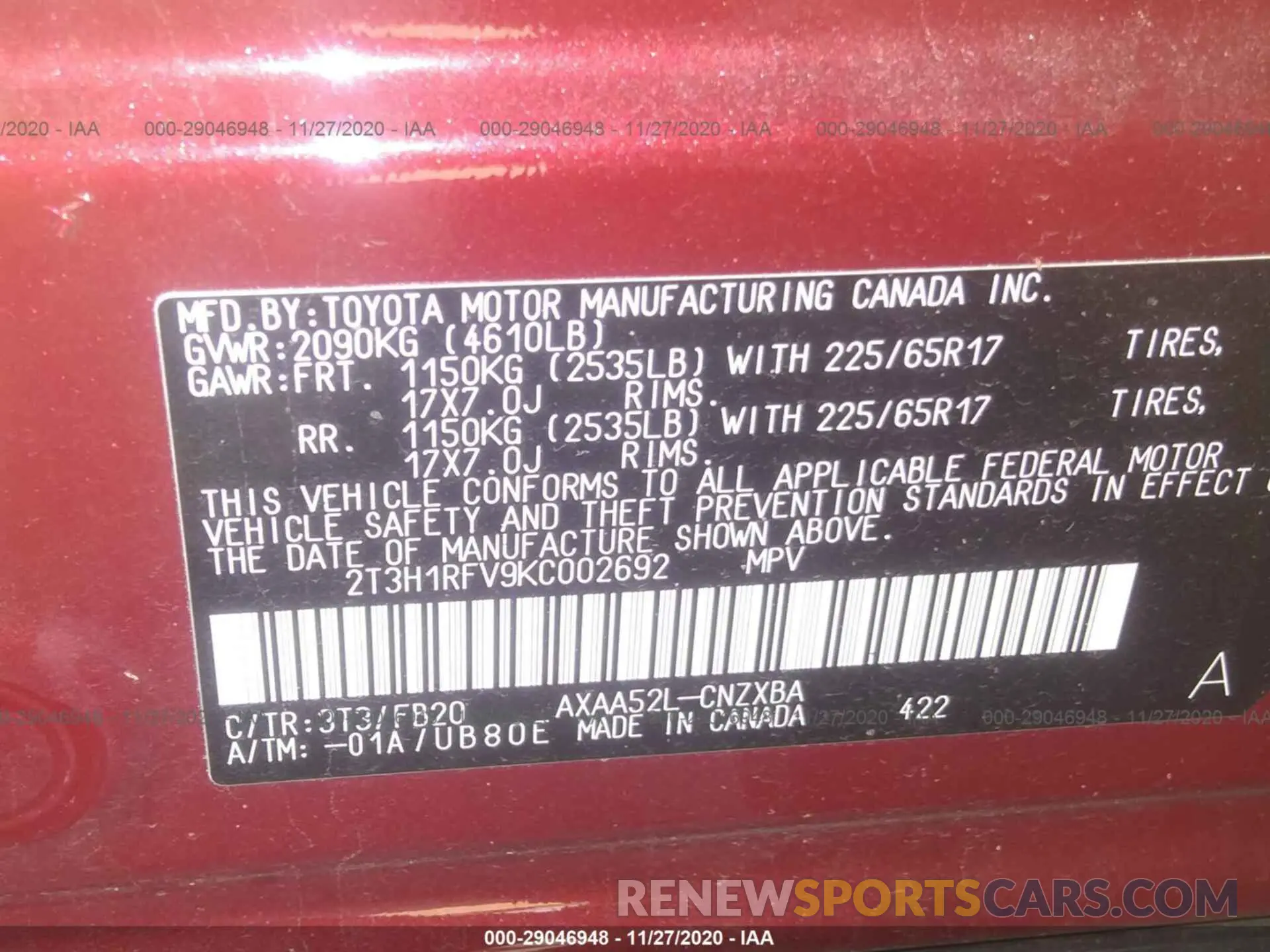 9 Фотография поврежденного автомобиля 2T3H1RFV9KC002692 TOYOTA RAV4 2019