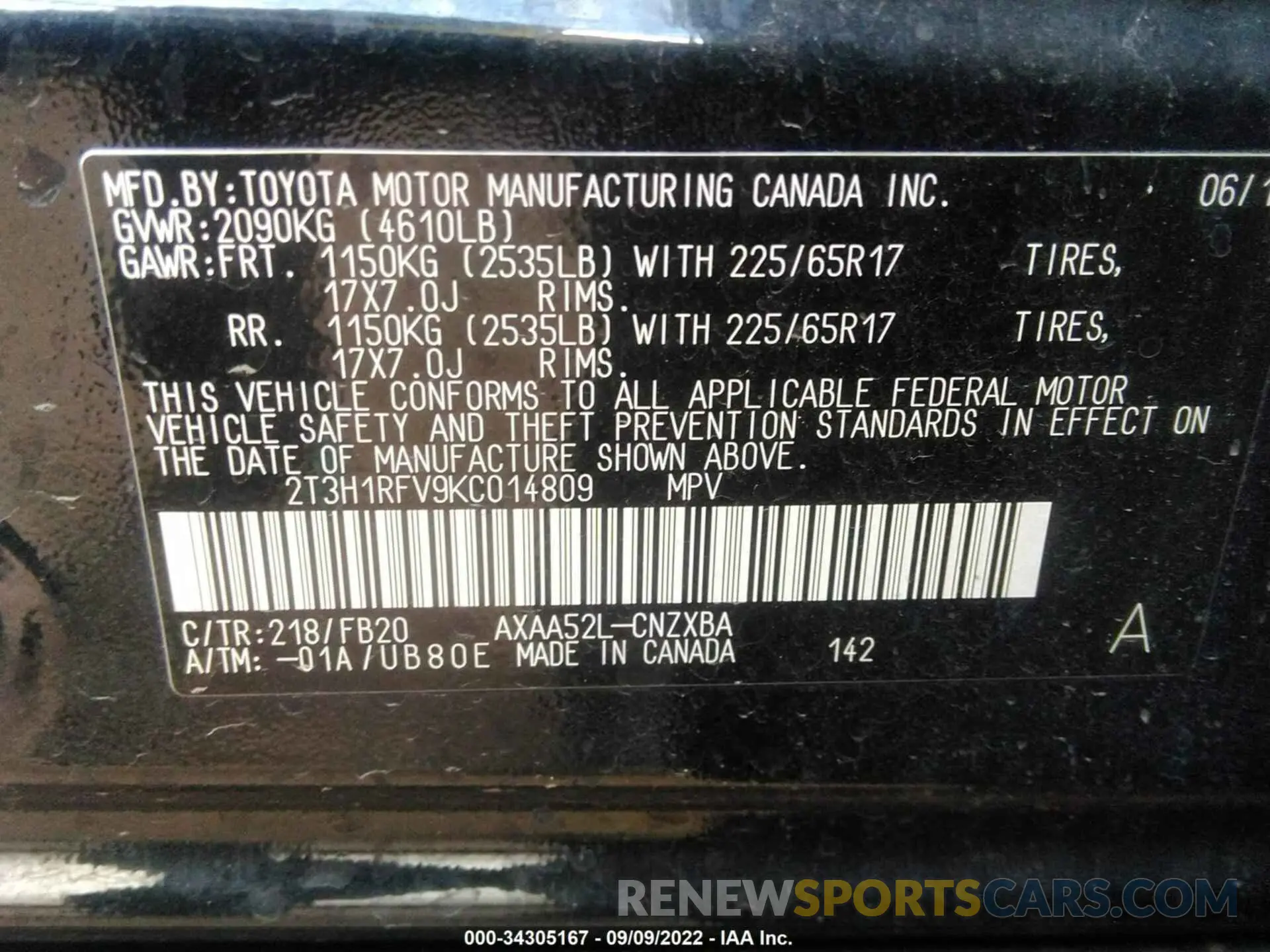 9 Фотография поврежденного автомобиля 2T3H1RFV9KC014809 TOYOTA RAV4 2019