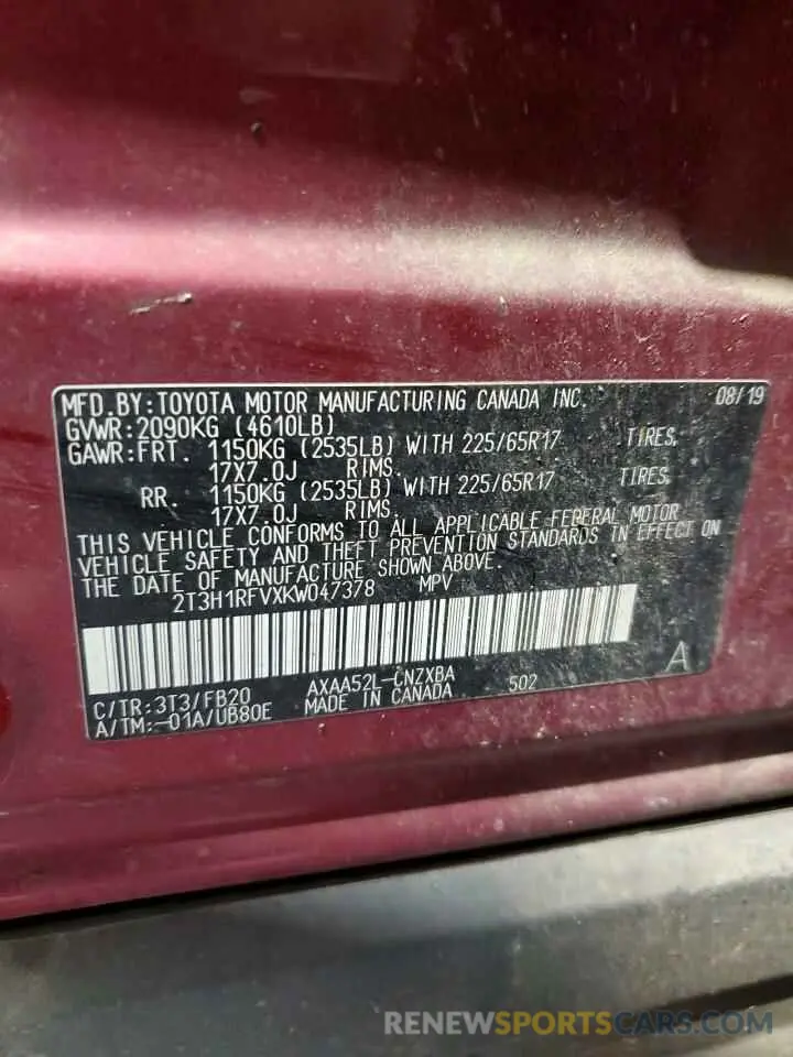 13 Photograph of a damaged car 2T3H1RFVXKW047378 TOYOTA RAV4 2019