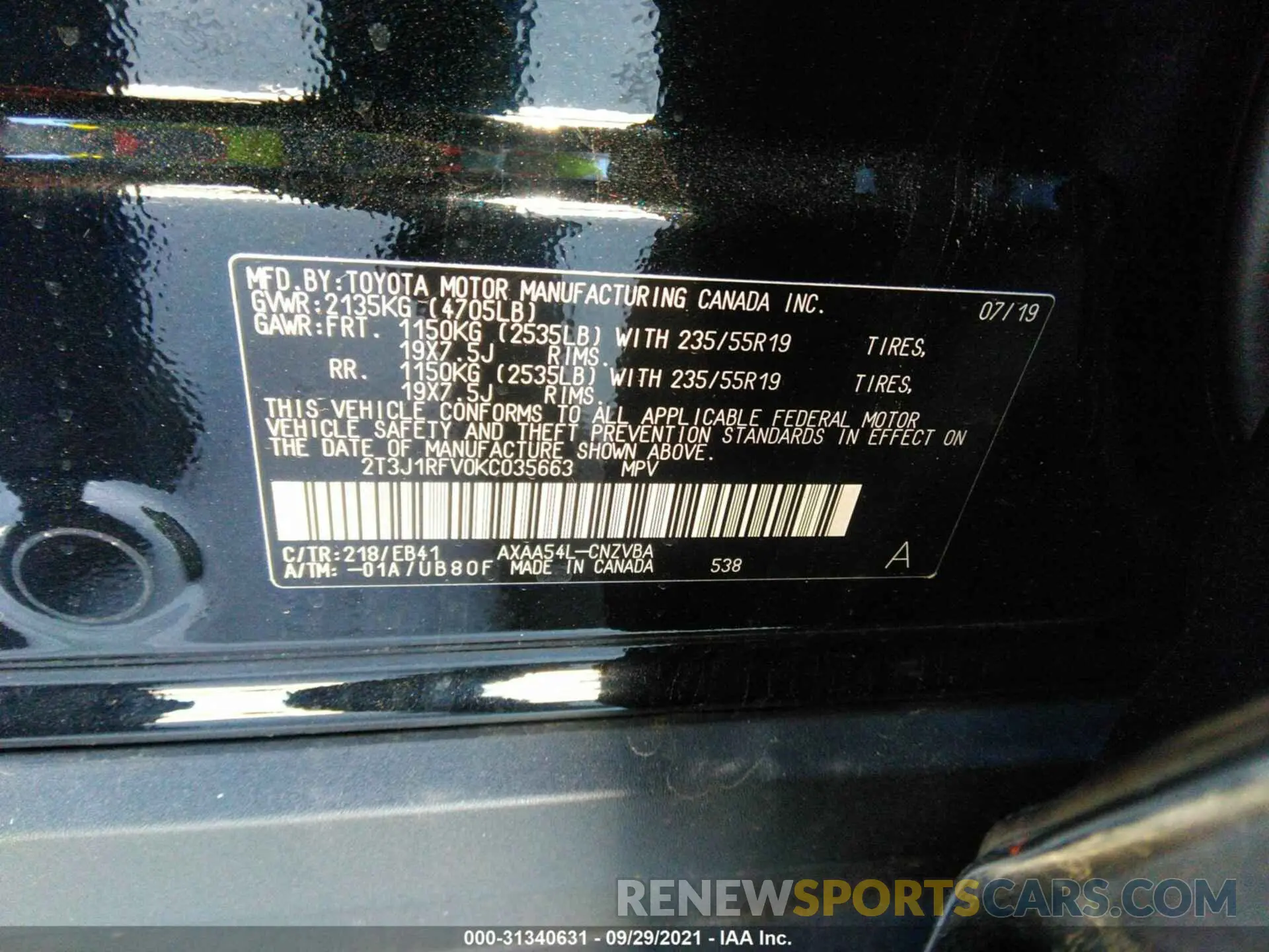 9 Photograph of a damaged car 2T3J1RFV0KC035663 TOYOTA RAV4 2019