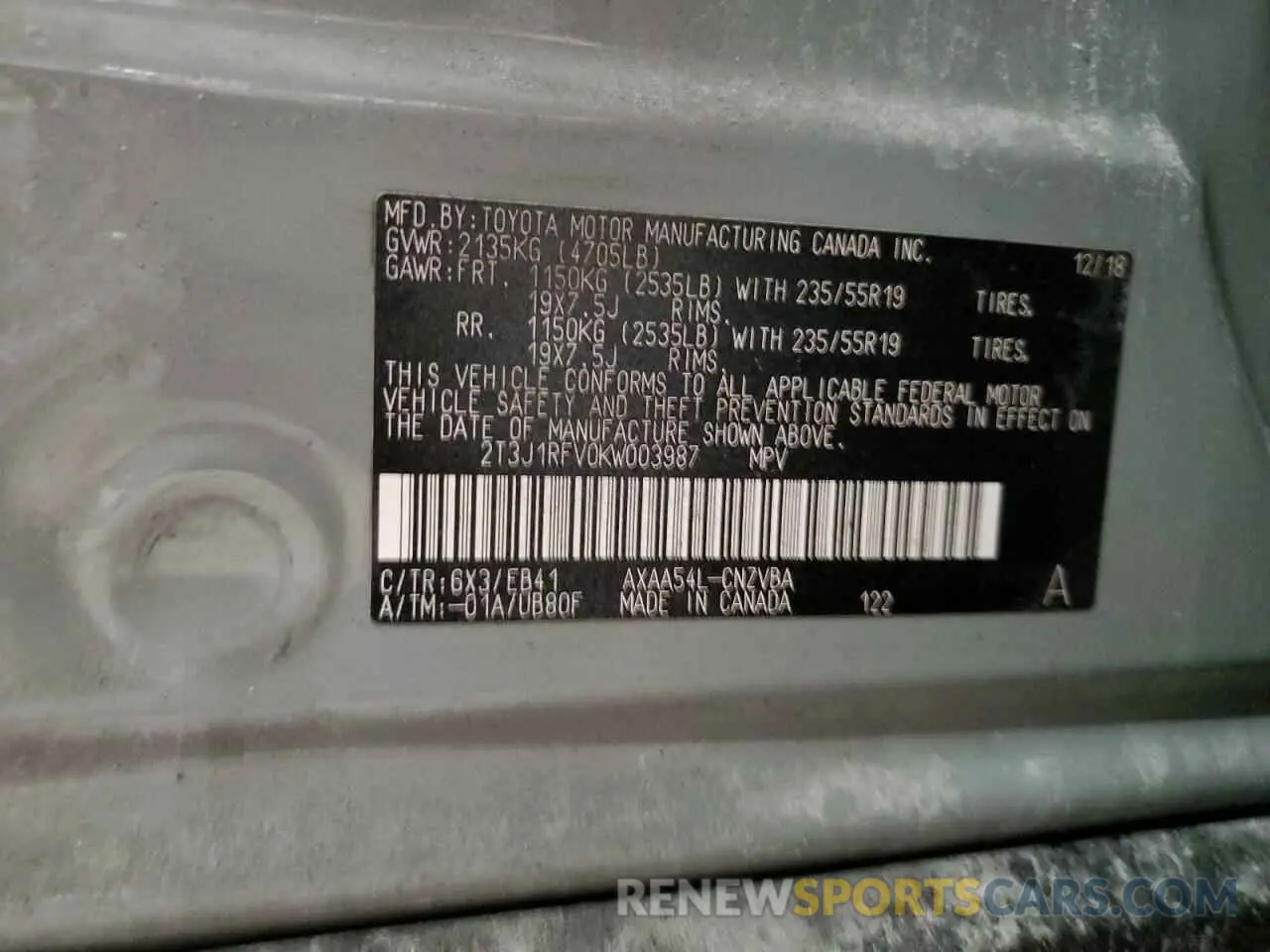 14 Photograph of a damaged car 2T3J1RFV0KW003987 TOYOTA RAV4 2019