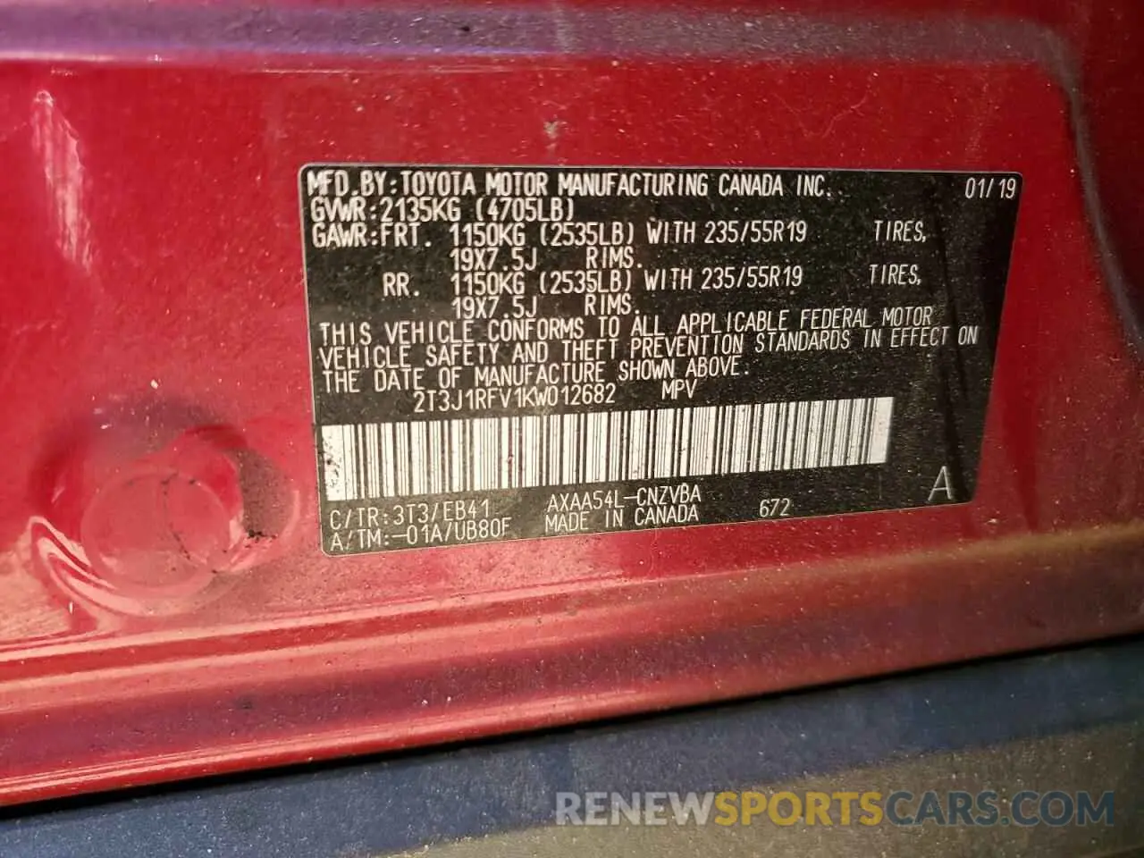 13 Photograph of a damaged car 2T3J1RFV1KW012682 TOYOTA RAV4 2019