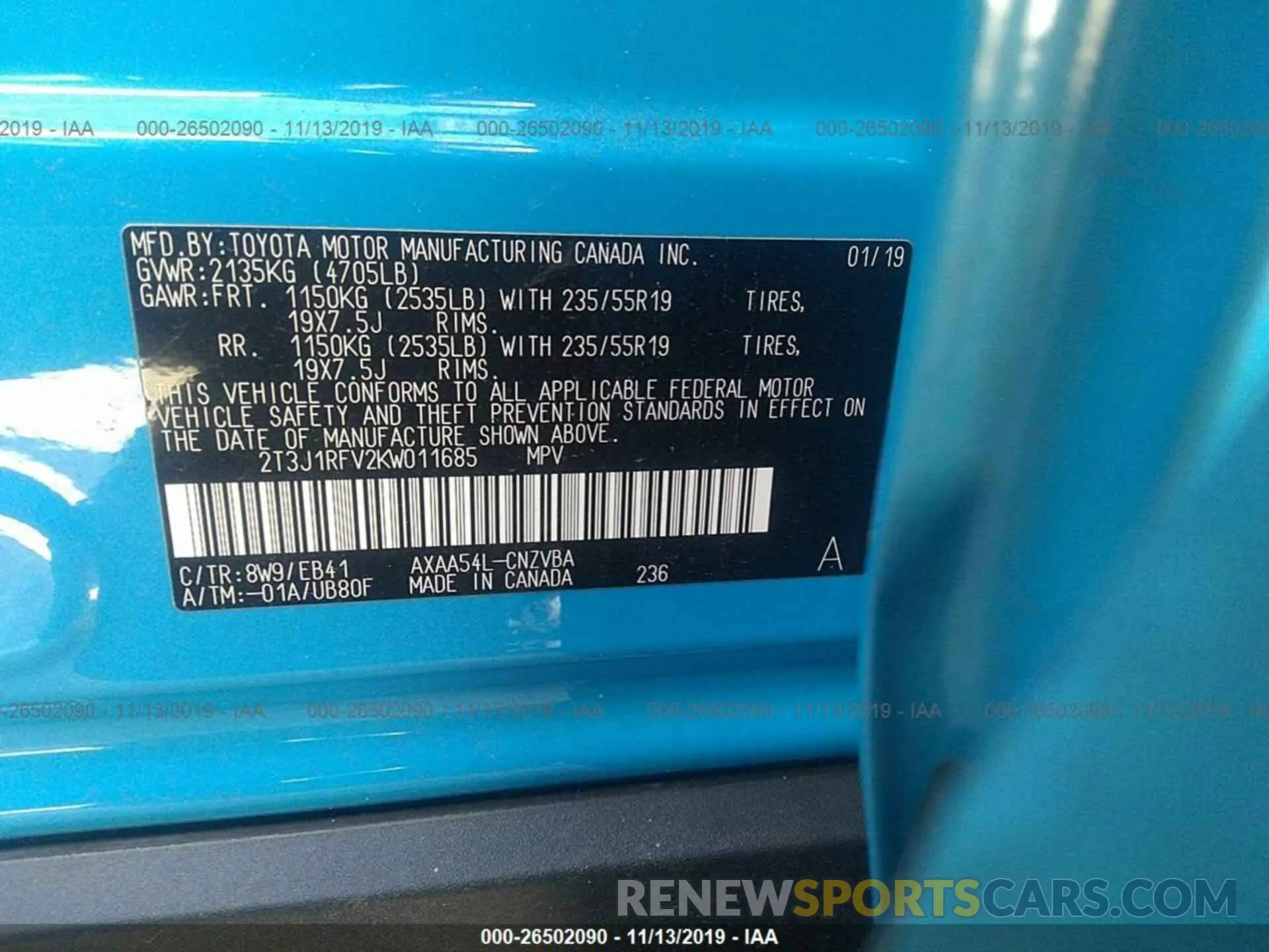 9 Photograph of a damaged car 2T3J1RFV2KW011685 TOYOTA RAV4 2019