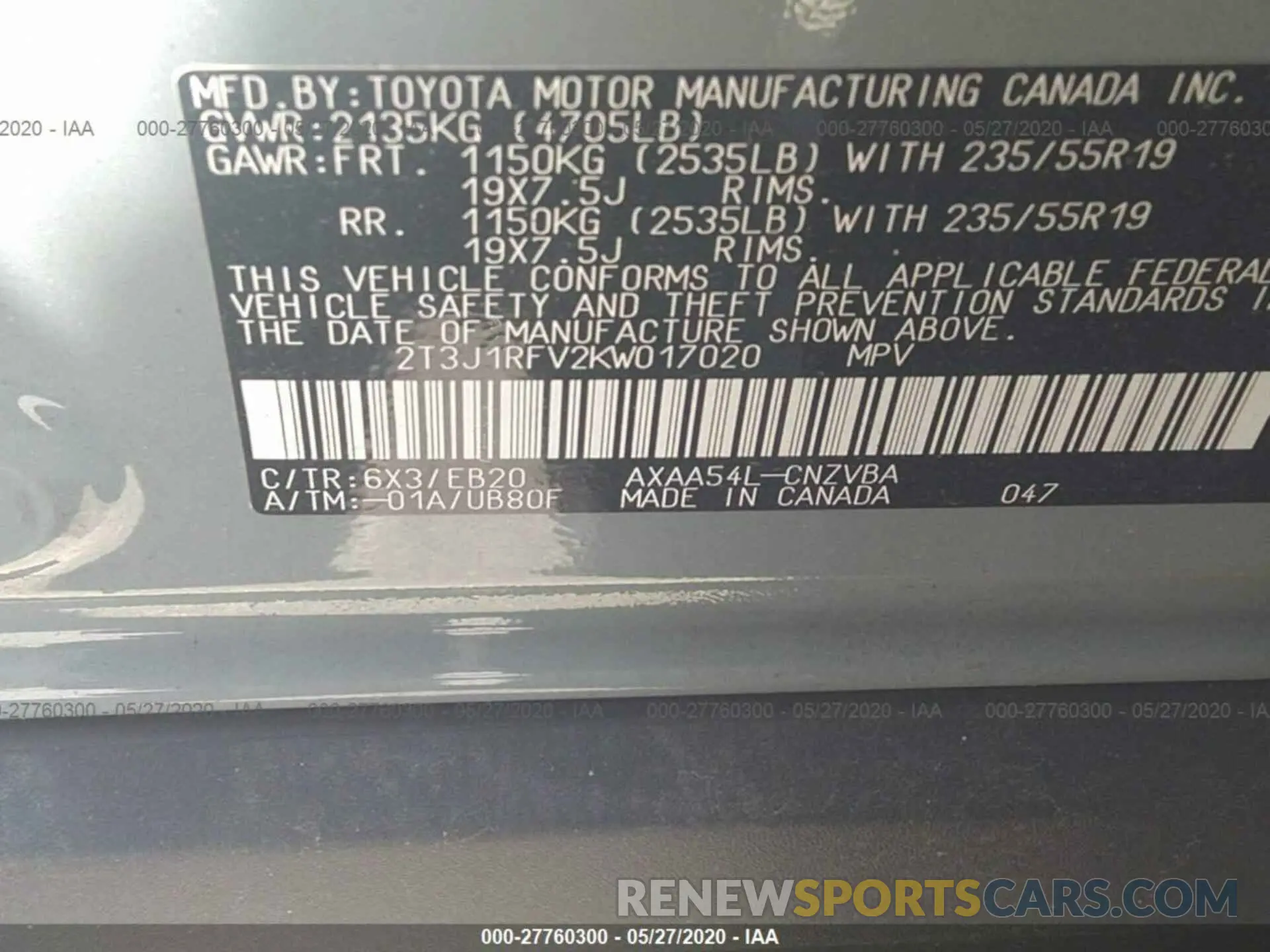 9 Photograph of a damaged car 2T3J1RFV2KW017020 TOYOTA RAV4 2019