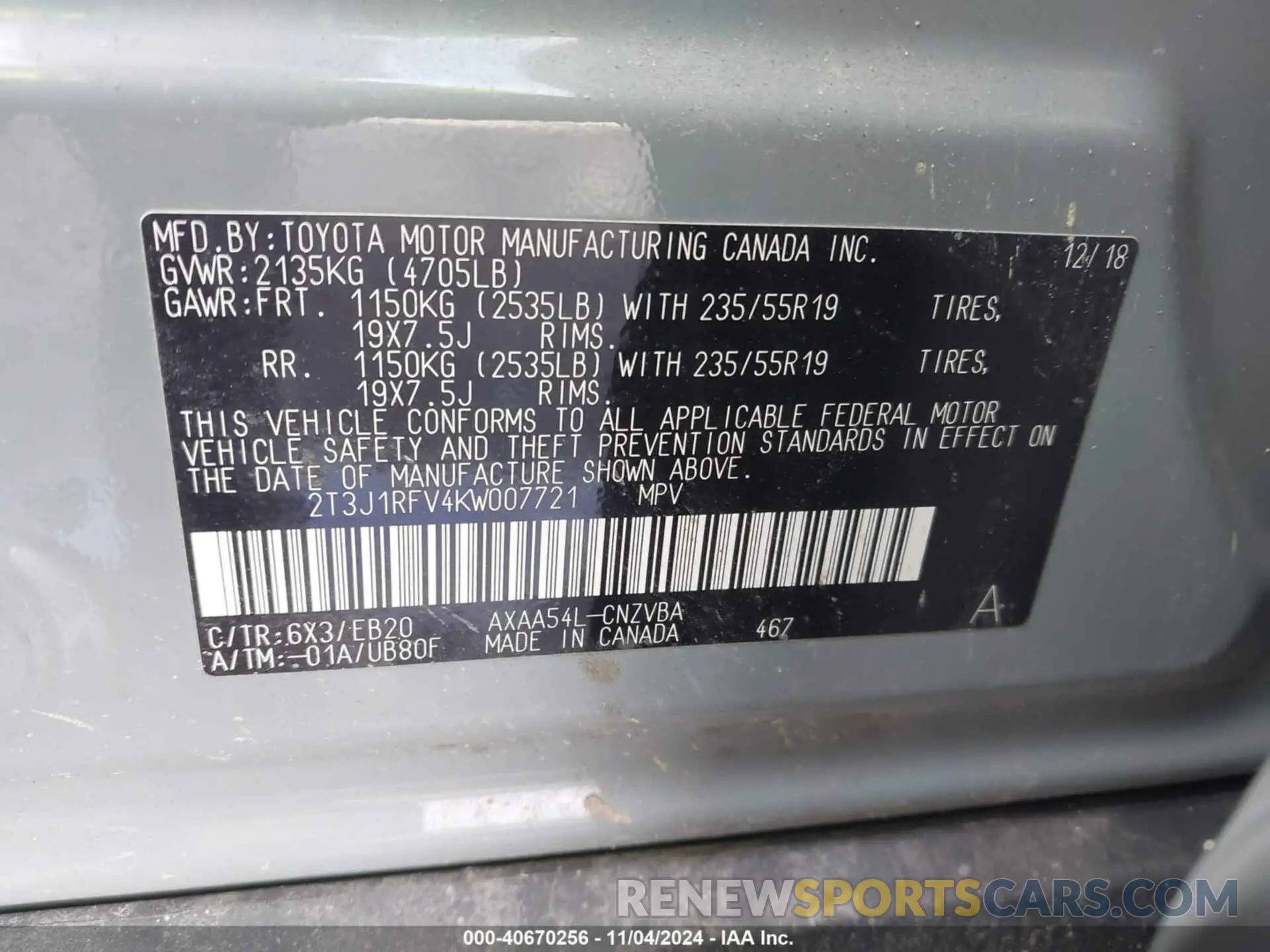 9 Photograph of a damaged car 2T3J1RFV4KW007721 TOYOTA RAV4 2019