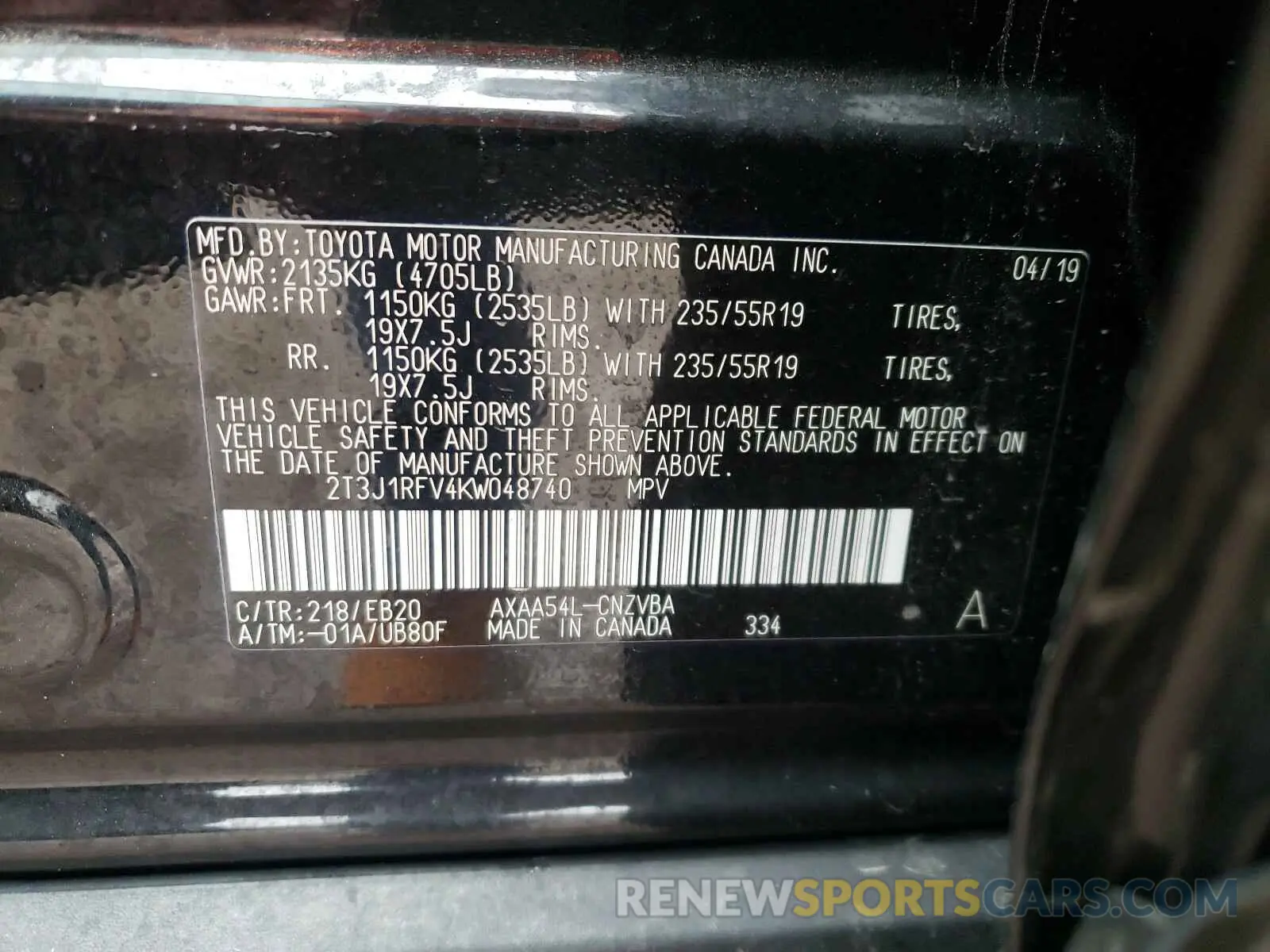 10 Photograph of a damaged car 2T3J1RFV4KW048740 TOYOTA RAV4 2019