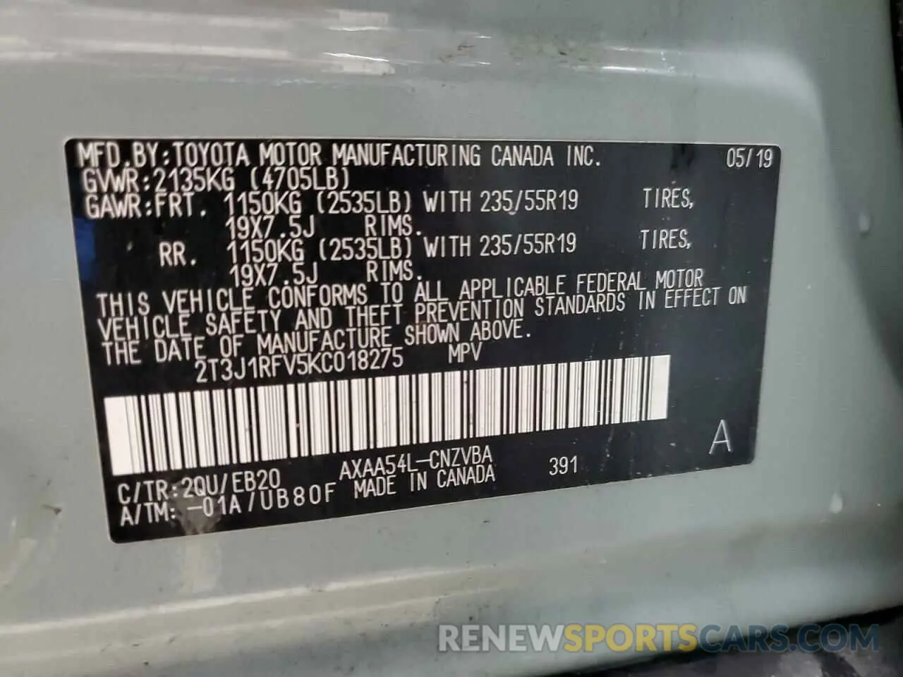13 Фотография поврежденного автомобиля 2T3J1RFV5KC018275 TOYOTA RAV4 2019