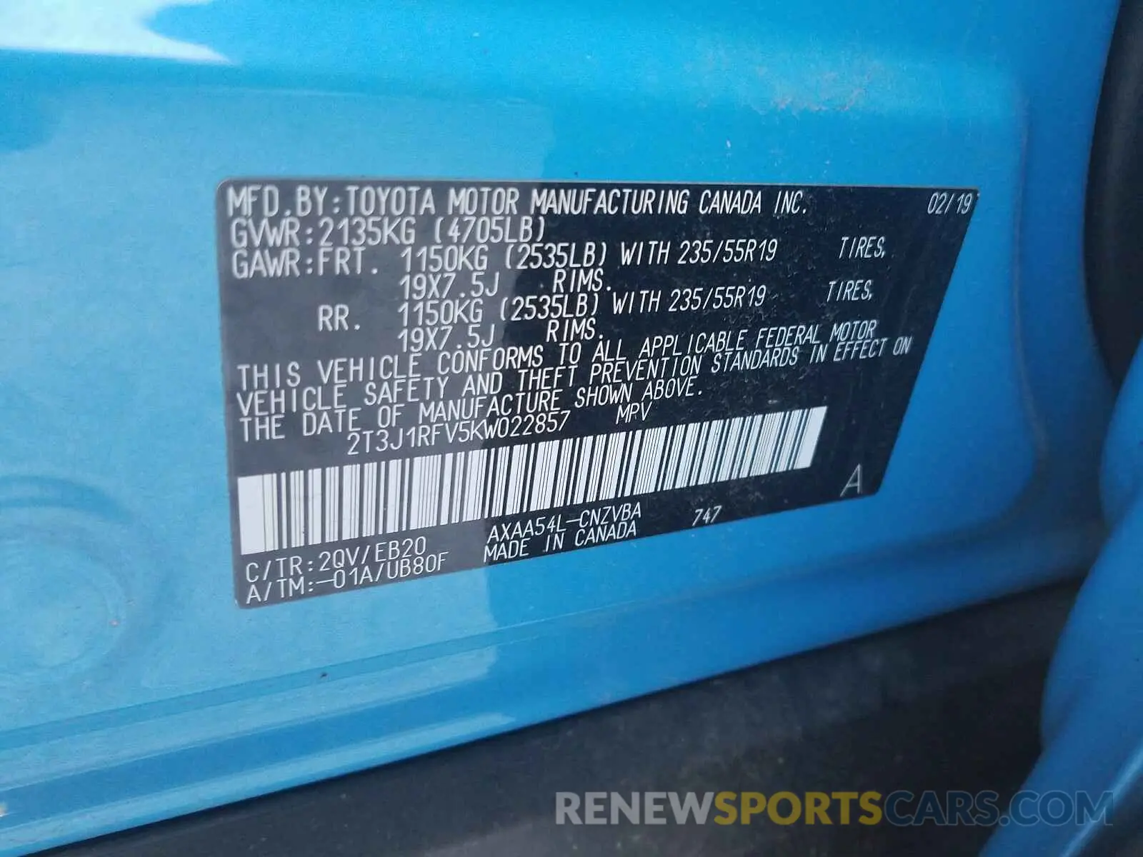 10 Photograph of a damaged car 2T3J1RFV5KW022857 TOYOTA RAV4 2019