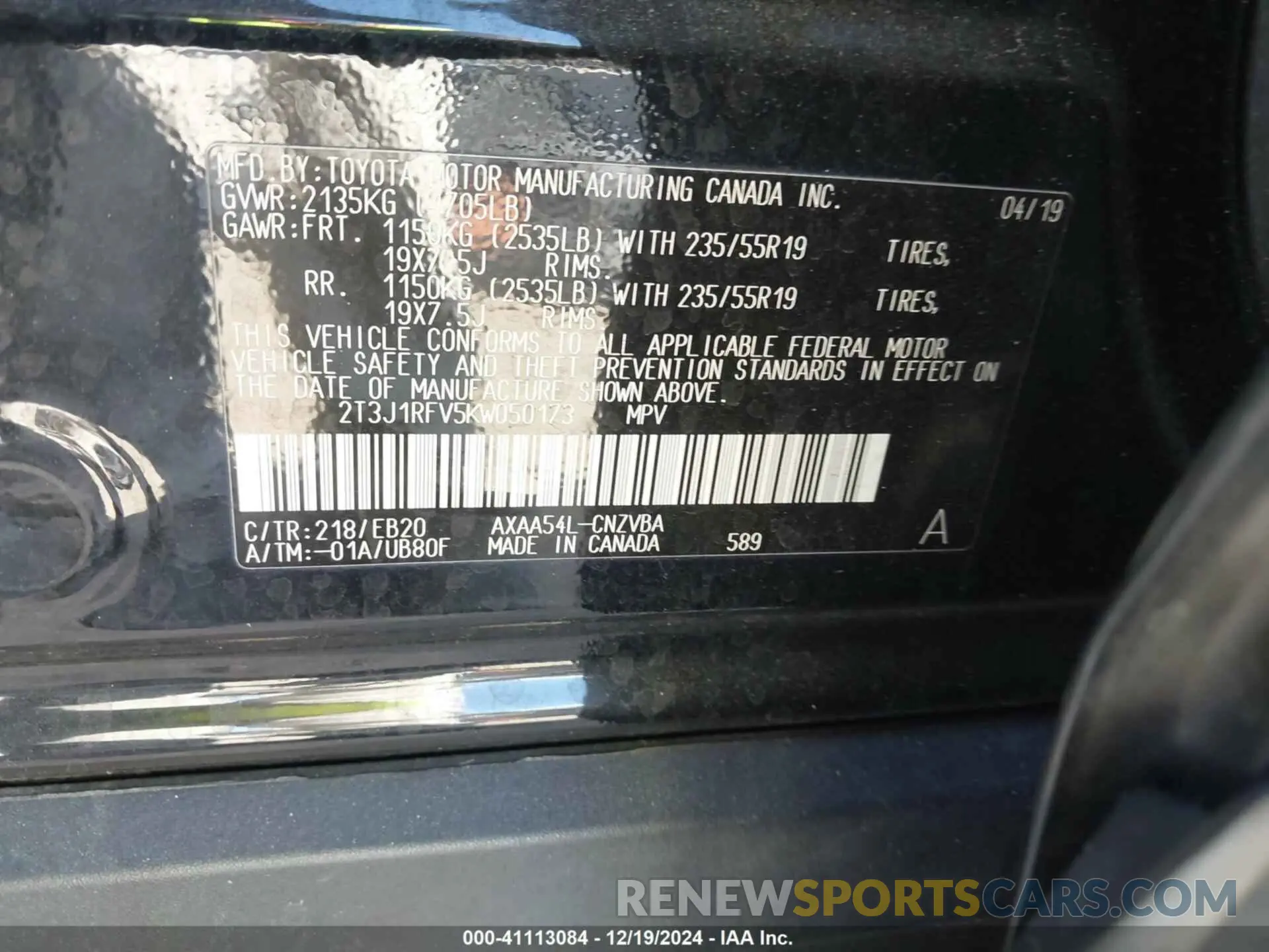 9 Фотография поврежденного автомобиля 2T3J1RFV5KW050173 TOYOTA RAV4 2019