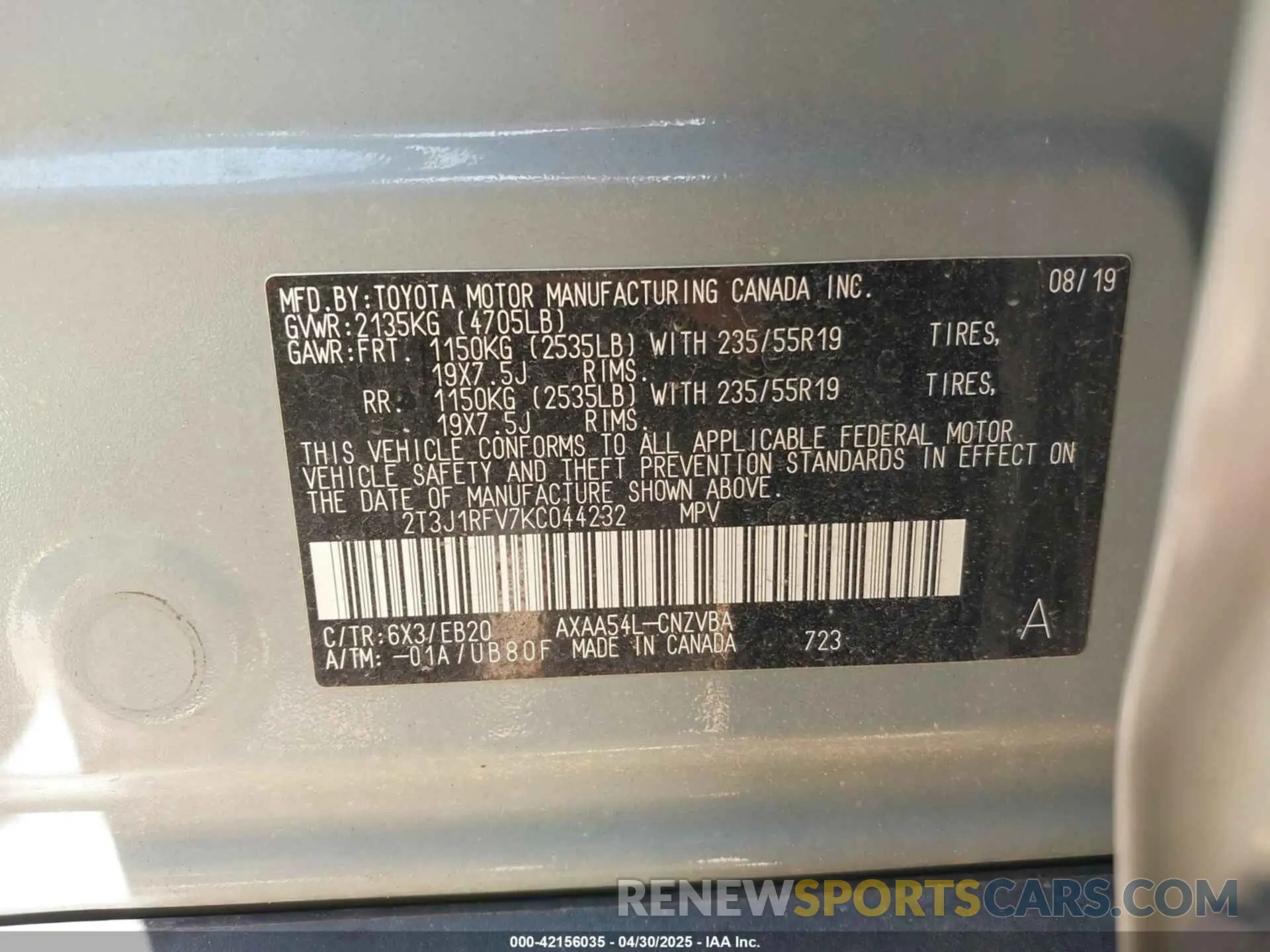 9 Photograph of a damaged car 2T3J1RFV7KC044232 TOYOTA RAV4 2019
