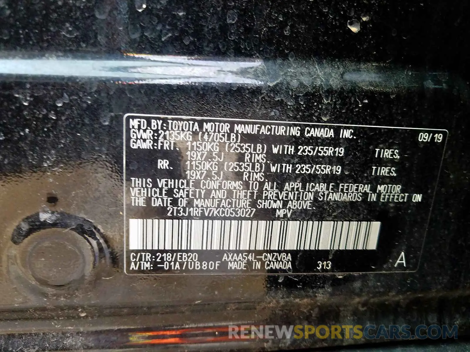 10 Photograph of a damaged car 2T3J1RFV7KC053027 TOYOTA RAV4 2019