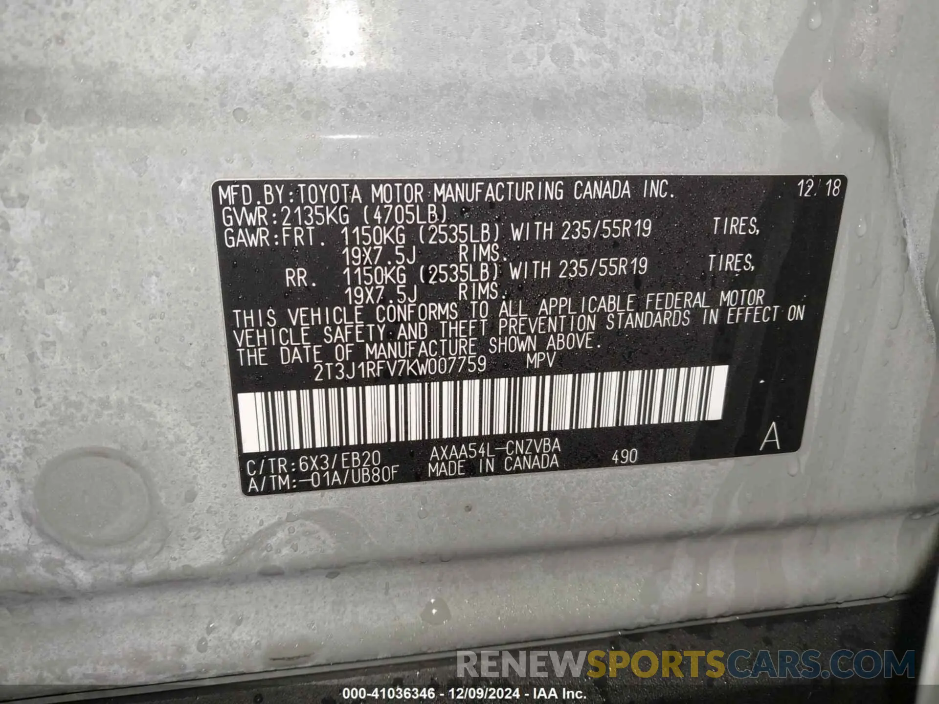 9 Photograph of a damaged car 2T3J1RFV7KW007759 TOYOTA RAV4 2019