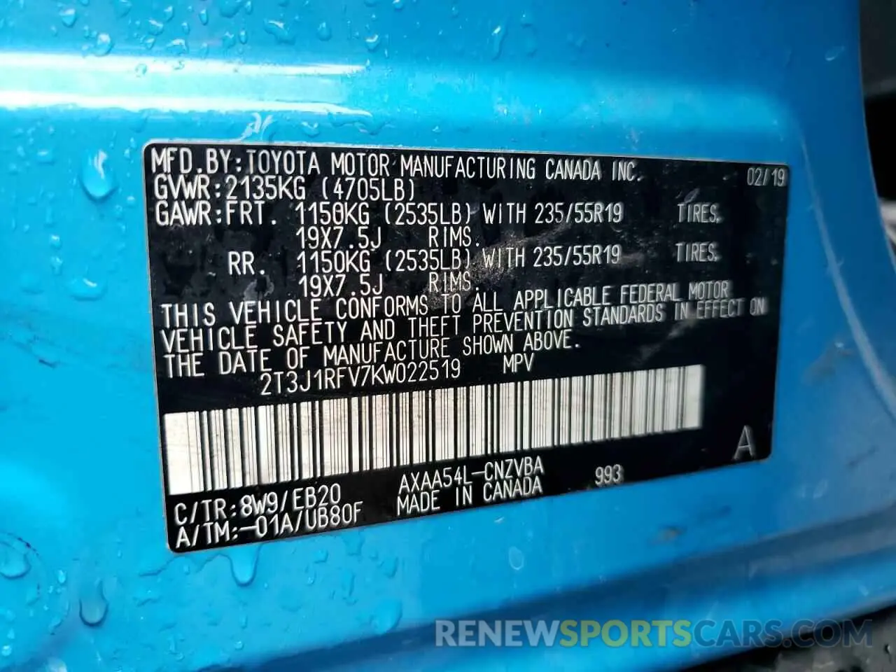 10 Фотография поврежденного автомобиля 2T3J1RFV7KW022519 TOYOTA RAV4 2019