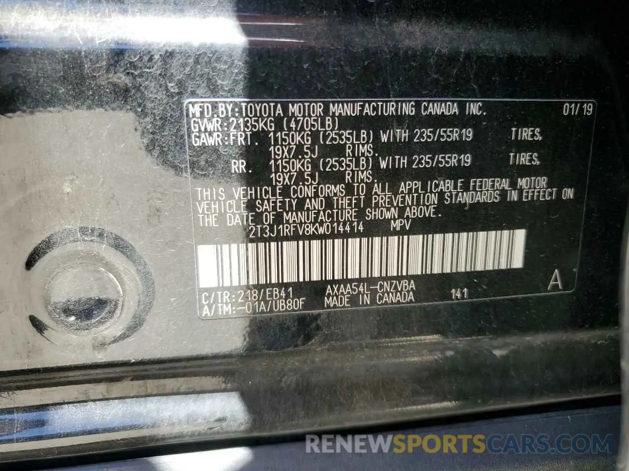 12 Фотография поврежденного автомобиля 2T3J1RFV8KW014414 TOYOTA RAV4 2019