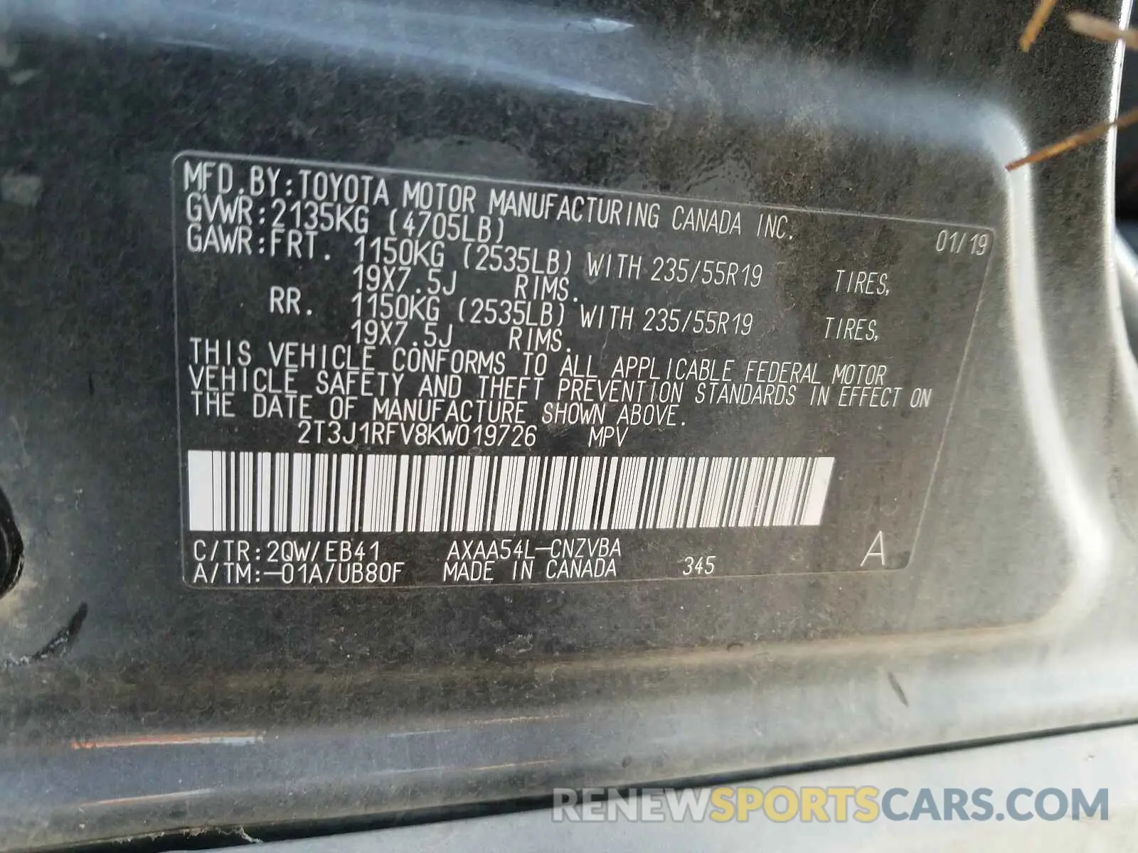 10 Photograph of a damaged car 2T3J1RFV8KW019726 TOYOTA RAV4 2019