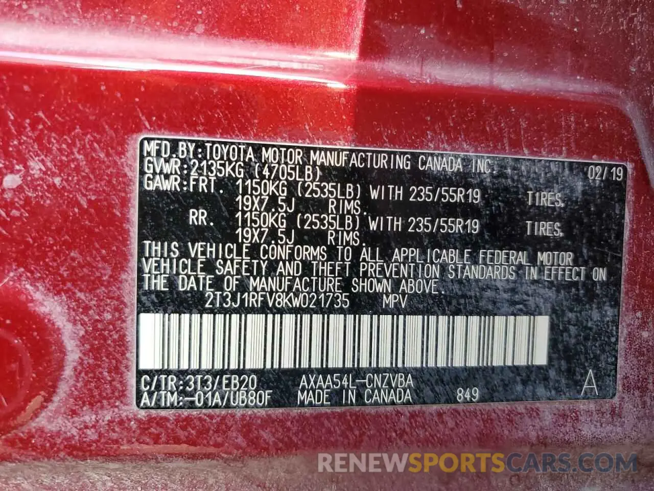 13 Photograph of a damaged car 2T3J1RFV8KW021735 TOYOTA RAV4 2019