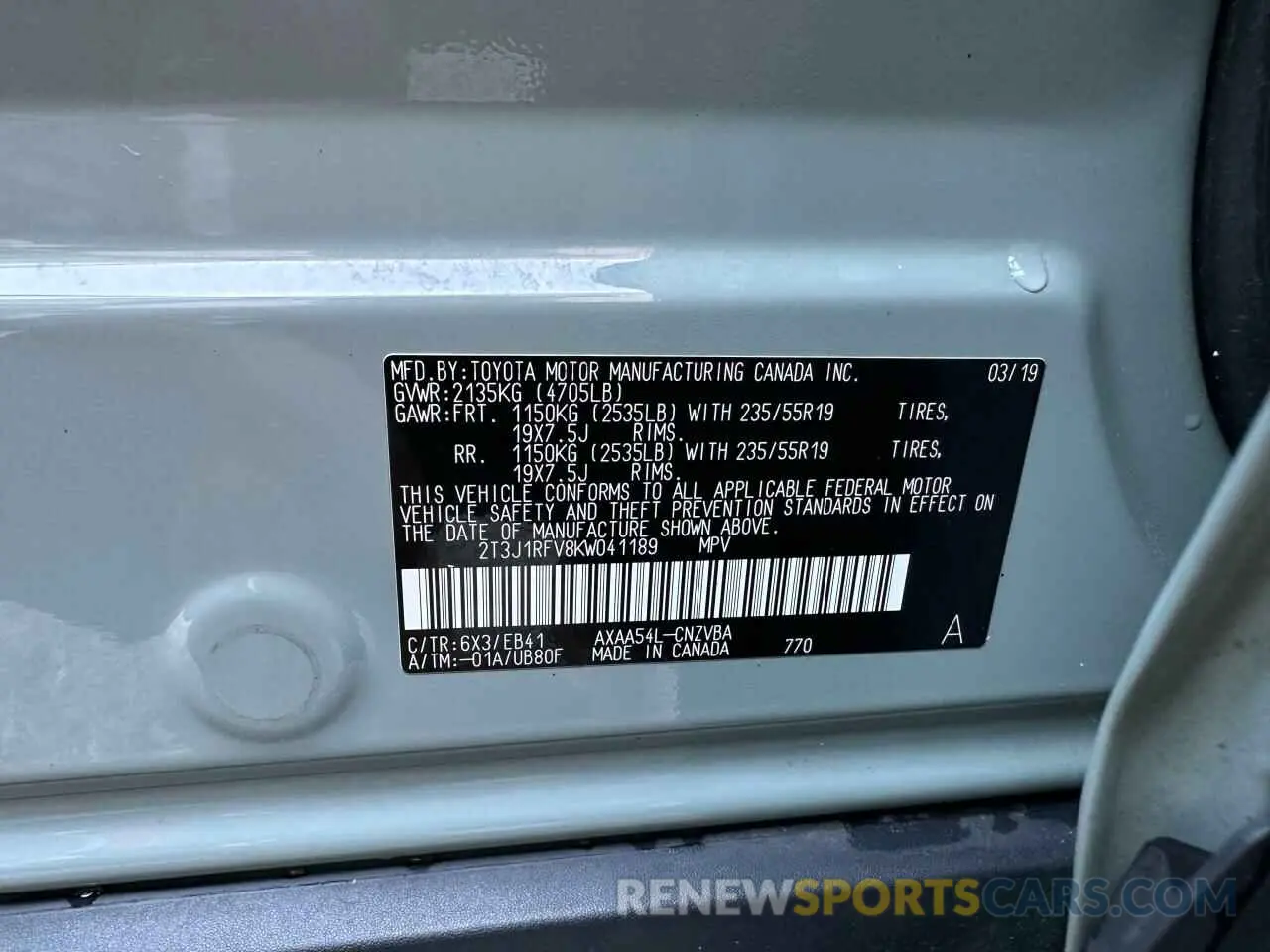 10 Photograph of a damaged car 2T3J1RFV8KW041189 TOYOTA RAV4 2019