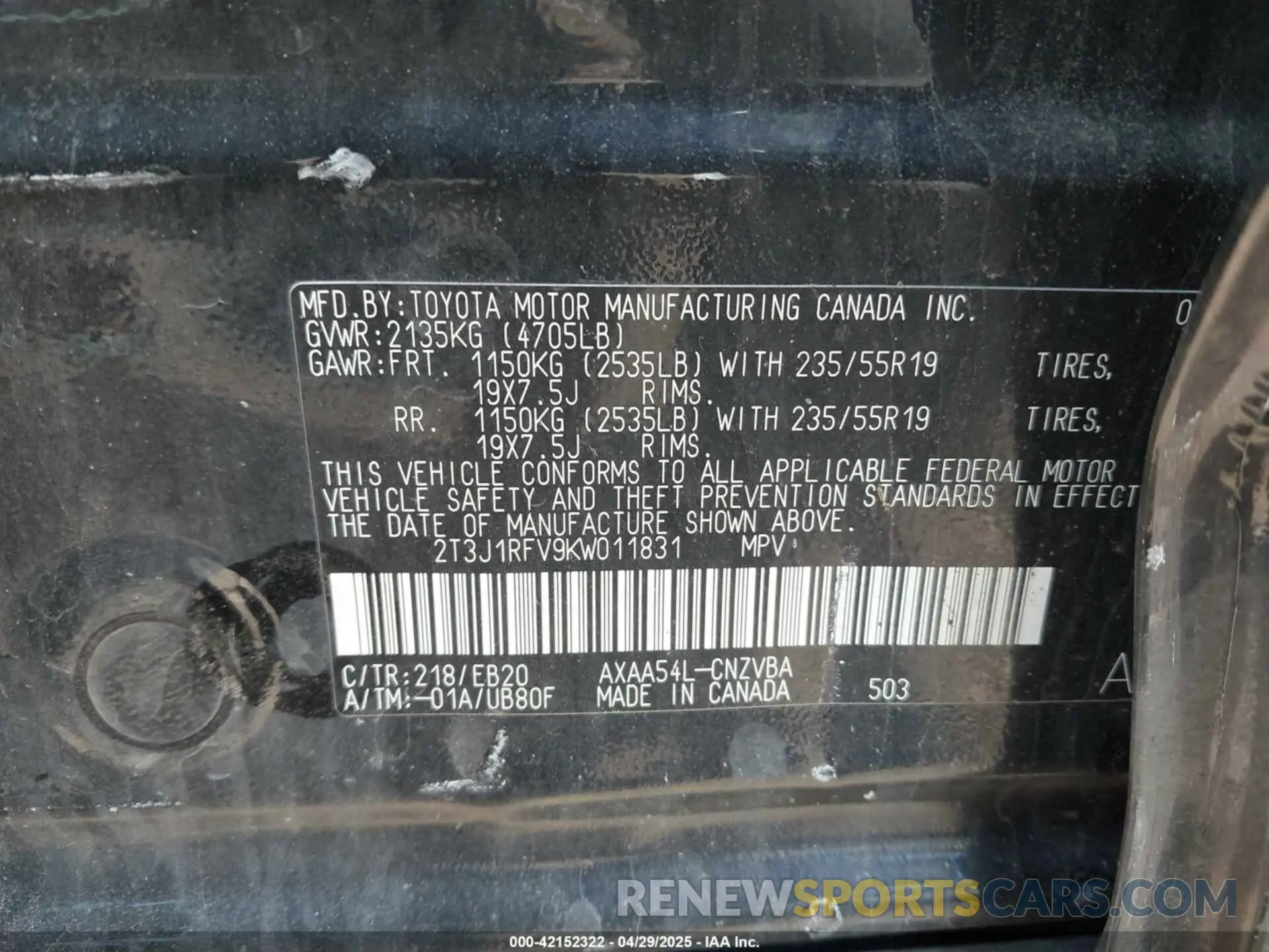 9 Фотография поврежденного автомобиля 2T3J1RFV9KW011831 TOYOTA RAV4 2019