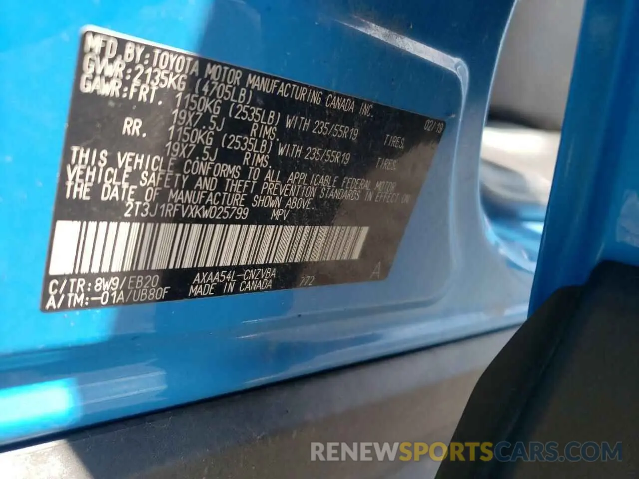 10 Фотография поврежденного автомобиля 2T3J1RFVXKW025799 TOYOTA RAV4 2019