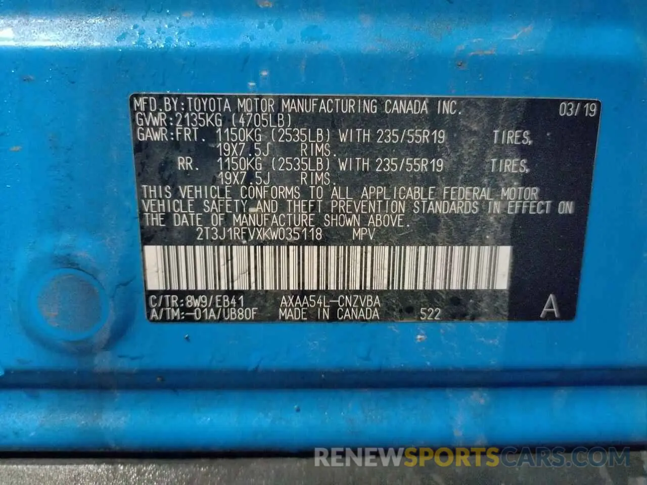 10 Photograph of a damaged car 2T3J1RFVXKW035118 TOYOTA RAV4 2019