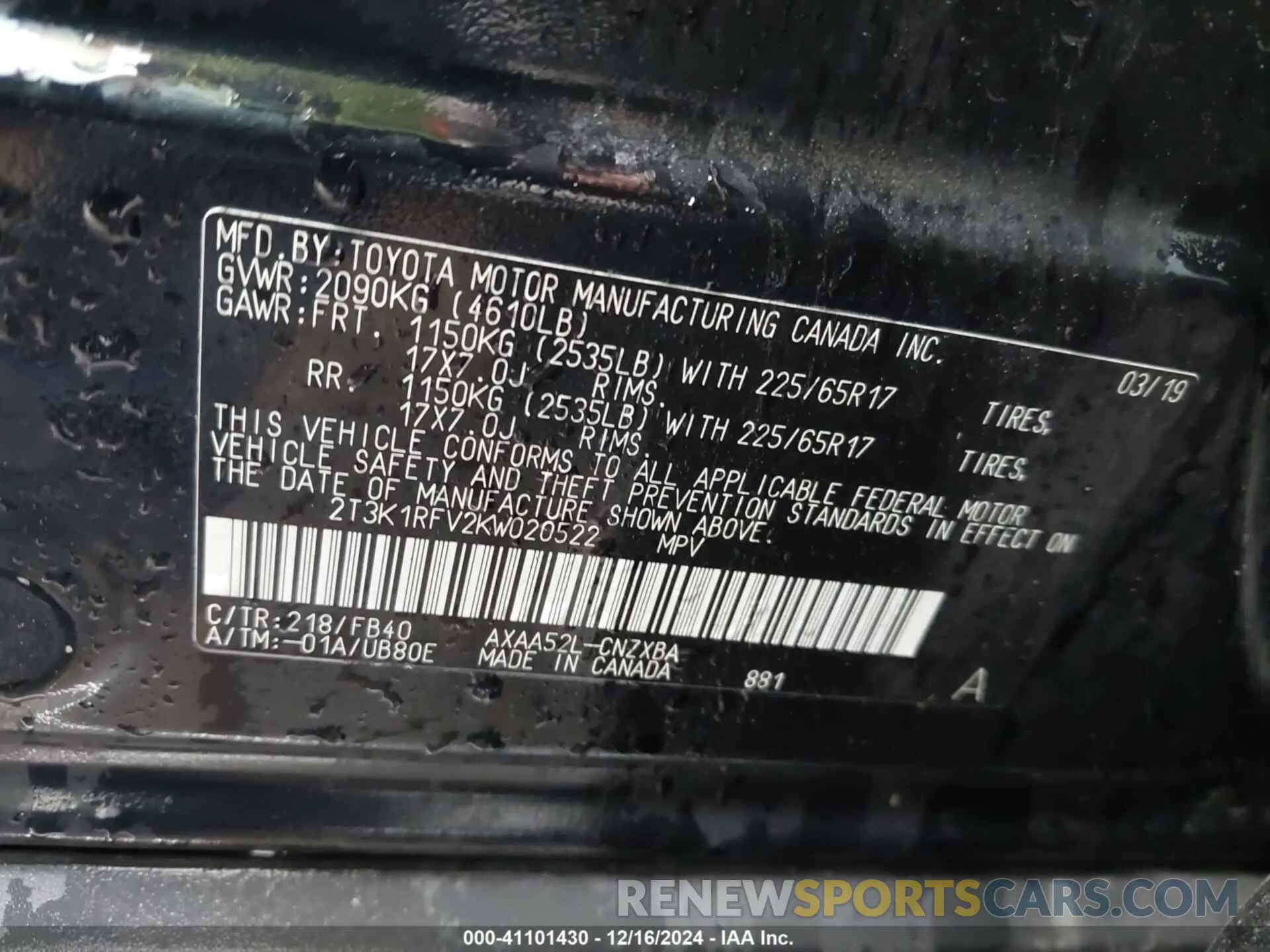9 Фотография поврежденного автомобиля 2T3K1RFV2KW020522 TOYOTA RAV4 2019