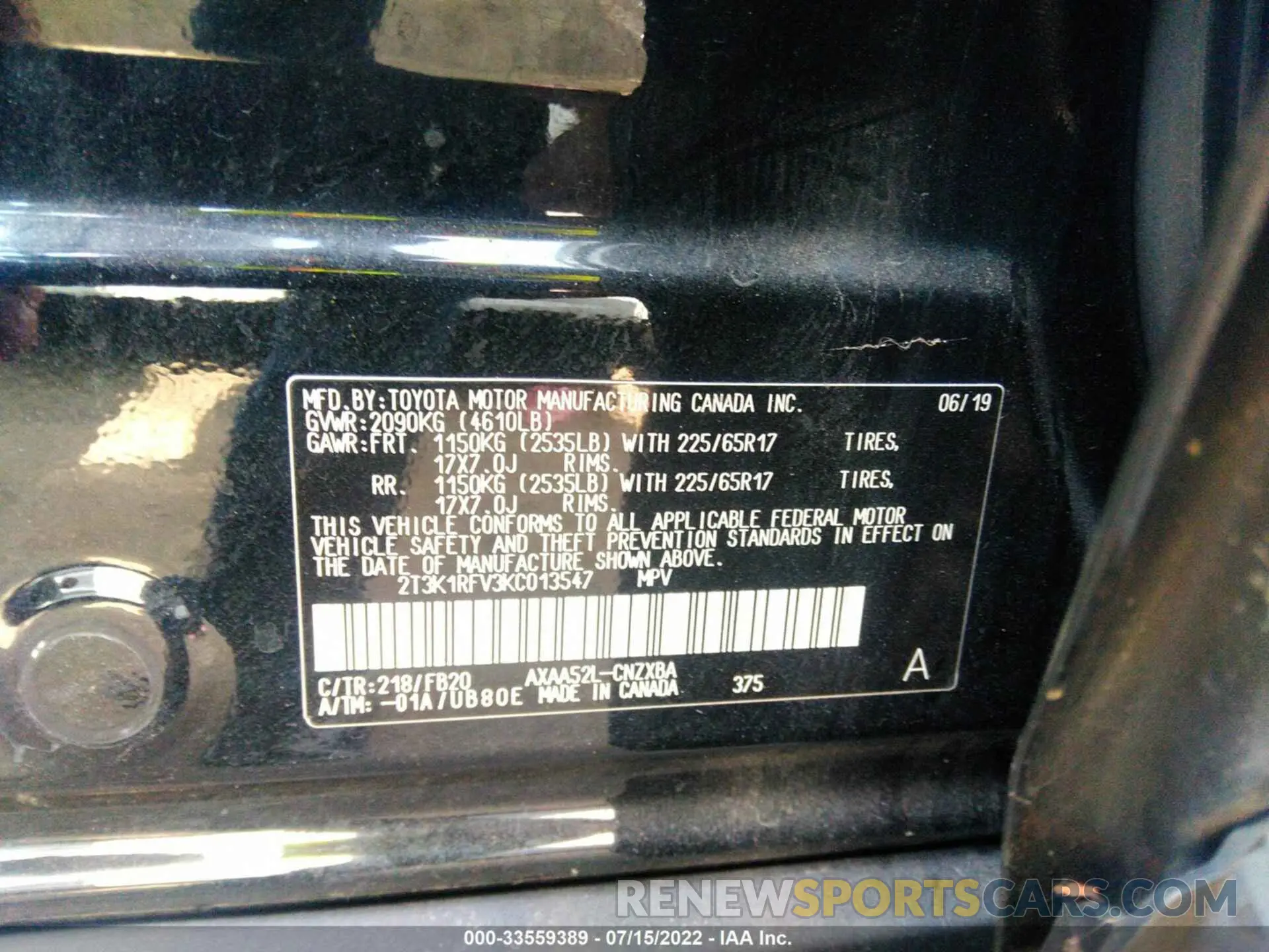 9 Photograph of a damaged car 2T3K1RFV3KC013547 TOYOTA RAV4 2019