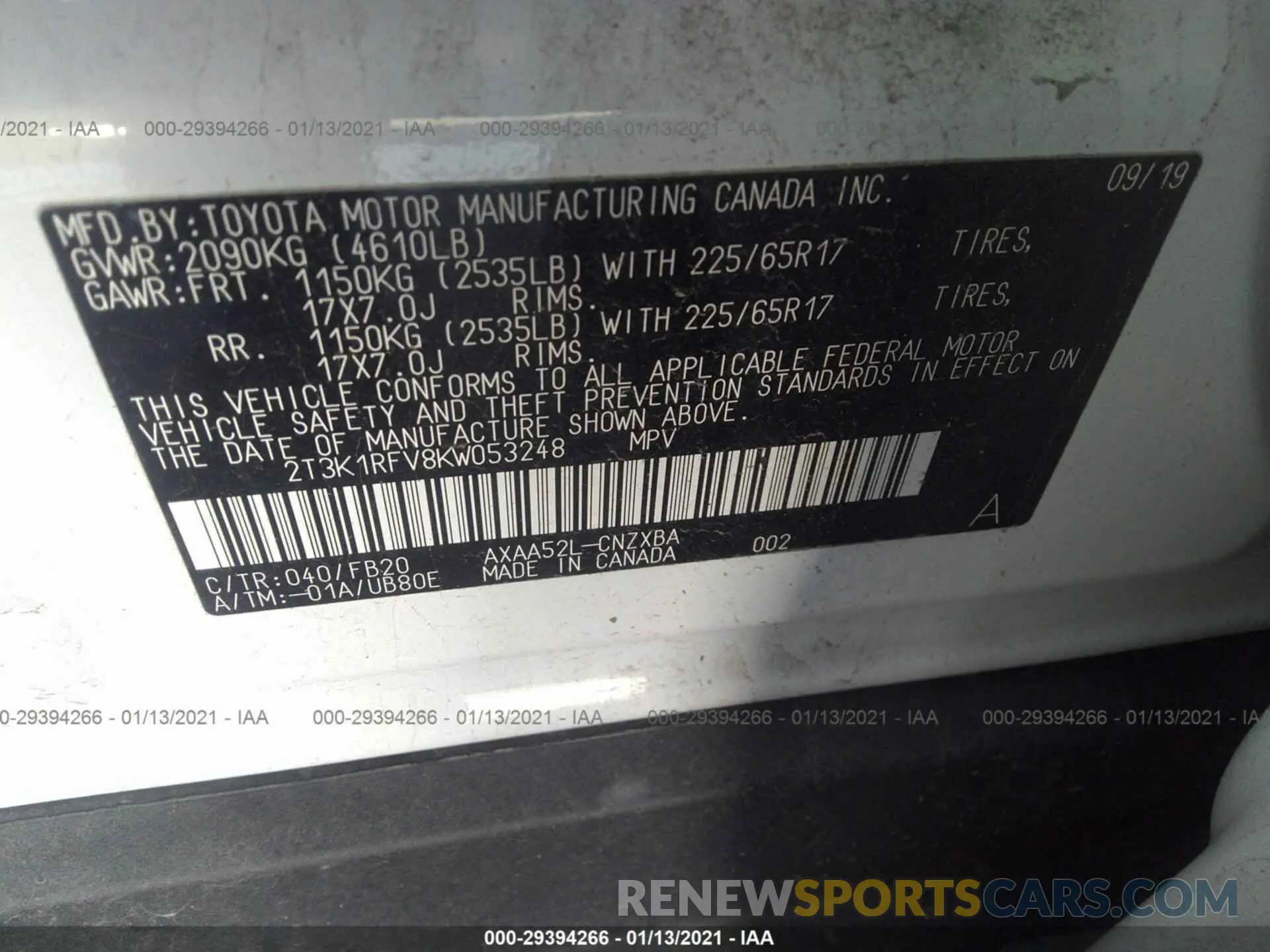 9 Photograph of a damaged car 2T3K1RFV8KW053248 TOYOTA RAV4 2019
