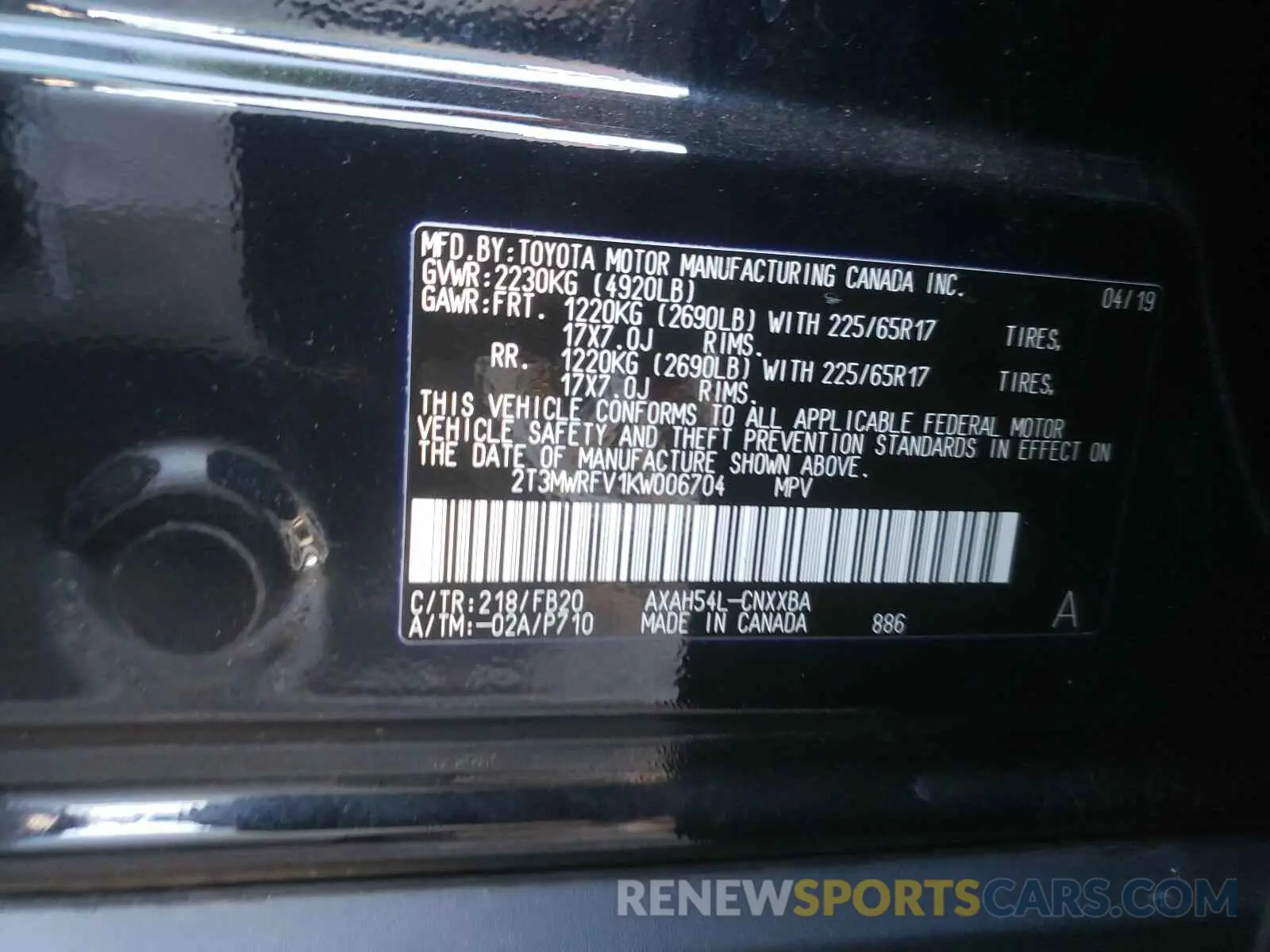 10 Photograph of a damaged car 2T3MWRFV1KW006704 TOYOTA RAV4 2019