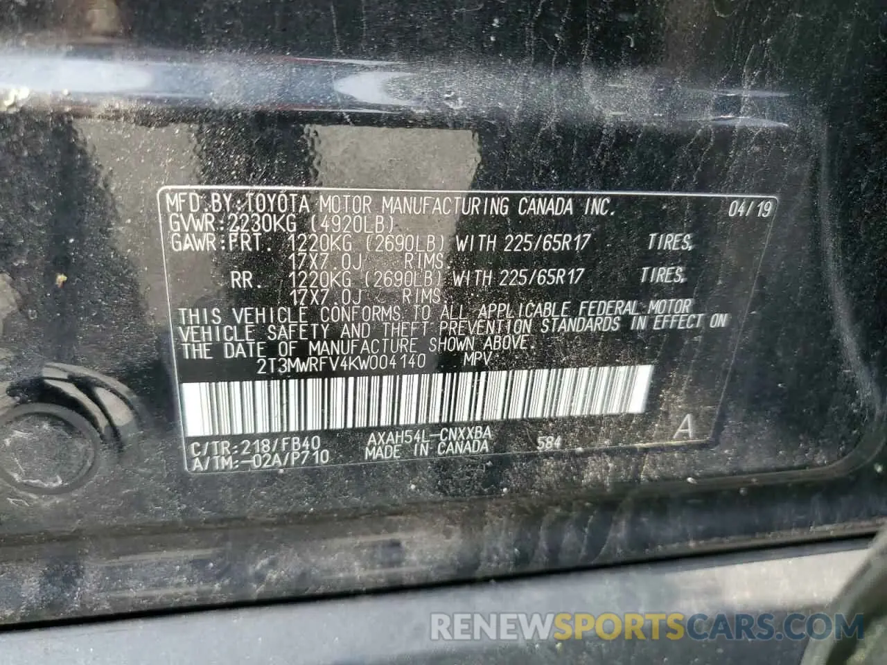 14 Фотография поврежденного автомобиля 2T3MWRFV4KW004140 TOYOTA RAV4 2019
