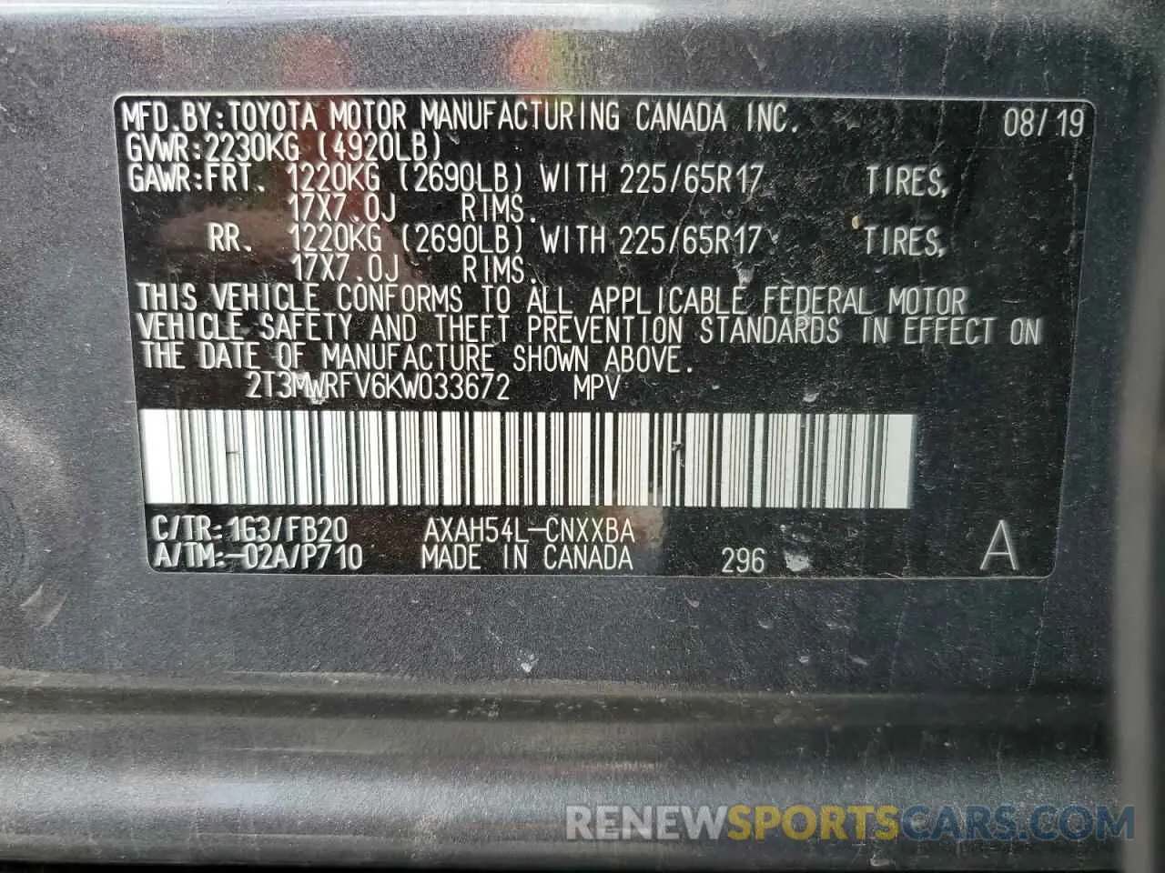 15 Photograph of a damaged car 2T3MWRFV6KW033672 TOYOTA RAV4 2019