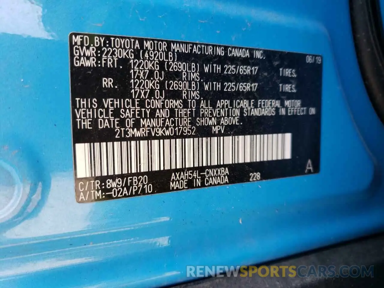 10 Photograph of a damaged car 2T3MWRFV9KW017952 TOYOTA RAV4 2019