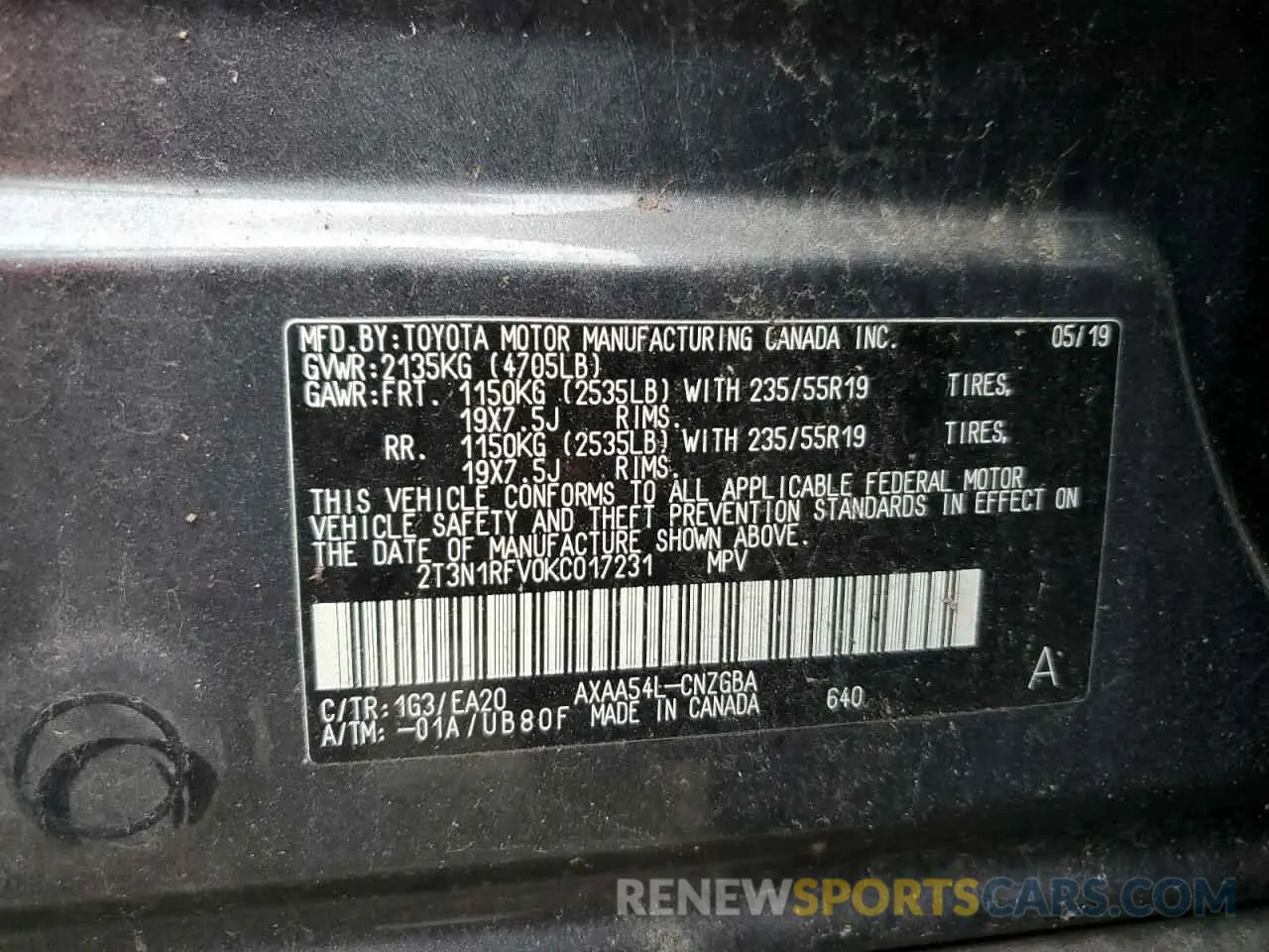 13 Photograph of a damaged car 2T3N1RFV0KC017231 TOYOTA RAV4 2019
