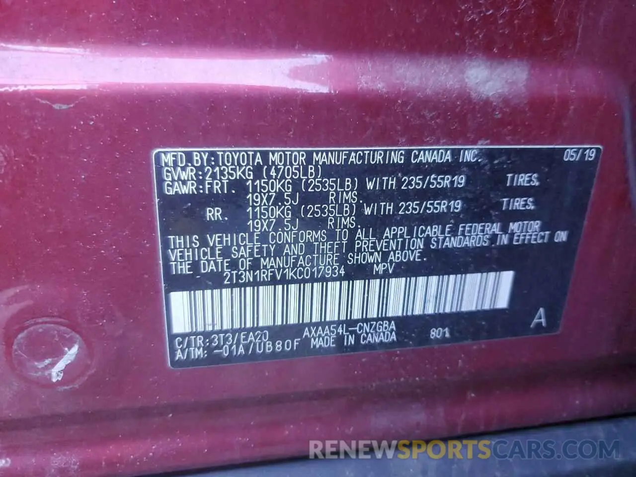 16 Photograph of a damaged car 2T3N1RFV1KC017934 TOYOTA RAV4 2019