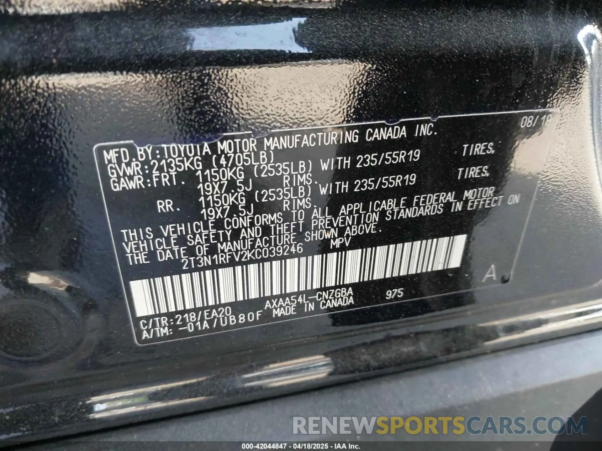 9 Фотография поврежденного автомобиля 2T3N1RFV2KC039246 TOYOTA RAV4 2019
