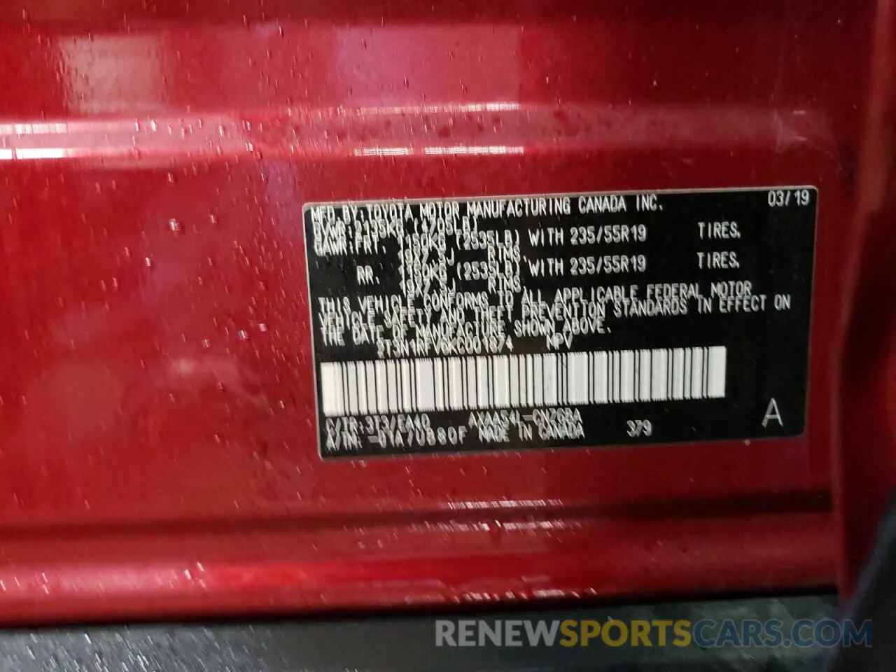 13 Photograph of a damaged car 2T3N1RFV6KC001874 TOYOTA RAV4 2019