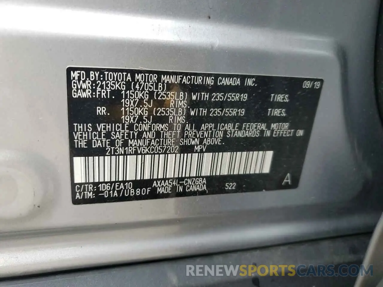 14 Фотография поврежденного автомобиля 2T3N1RFV6KC057202 TOYOTA RAV4 2019