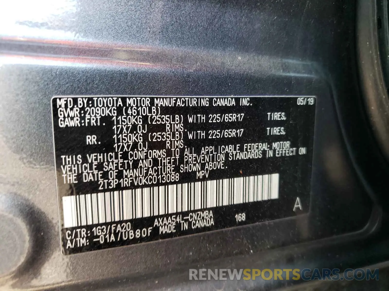 10 Фотография поврежденного автомобиля 2T3P1RFV0KC013088 TOYOTA RAV4 2019