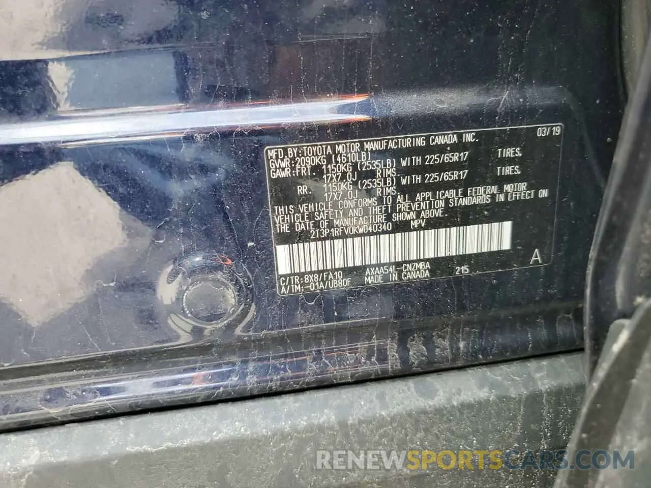 13 Photograph of a damaged car 2T3P1RFV0KW040340 TOYOTA RAV4 2019