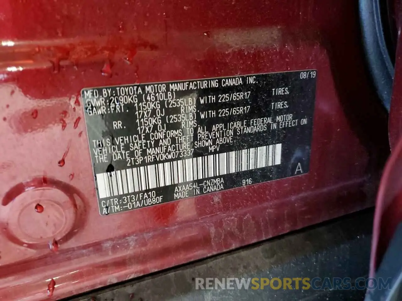 13 Фотография поврежденного автомобиля 2T3P1RFV0KW073337 TOYOTA RAV4 2019
