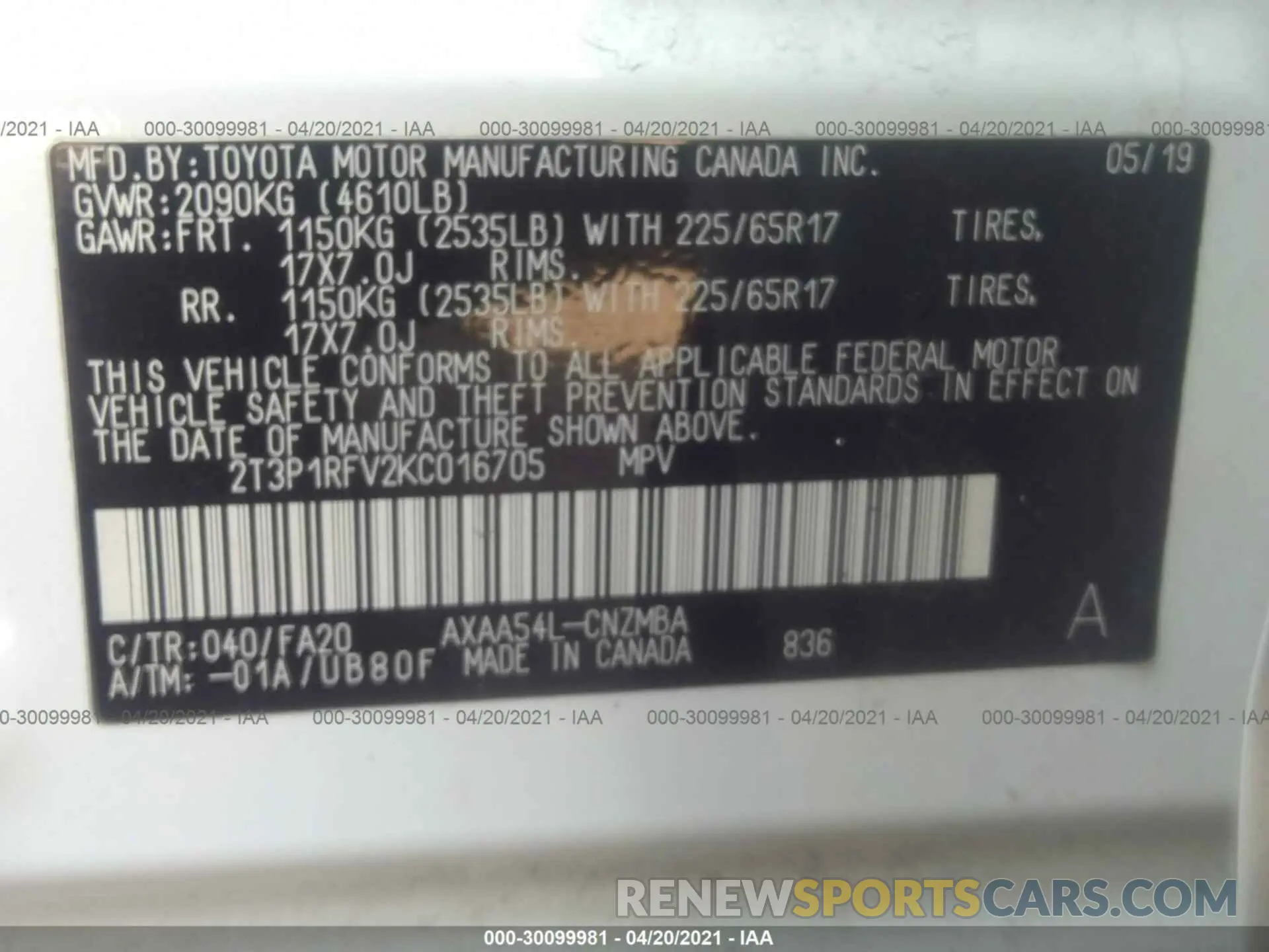 9 Photograph of a damaged car 2T3P1RFV2KC016705 TOYOTA RAV4 2019