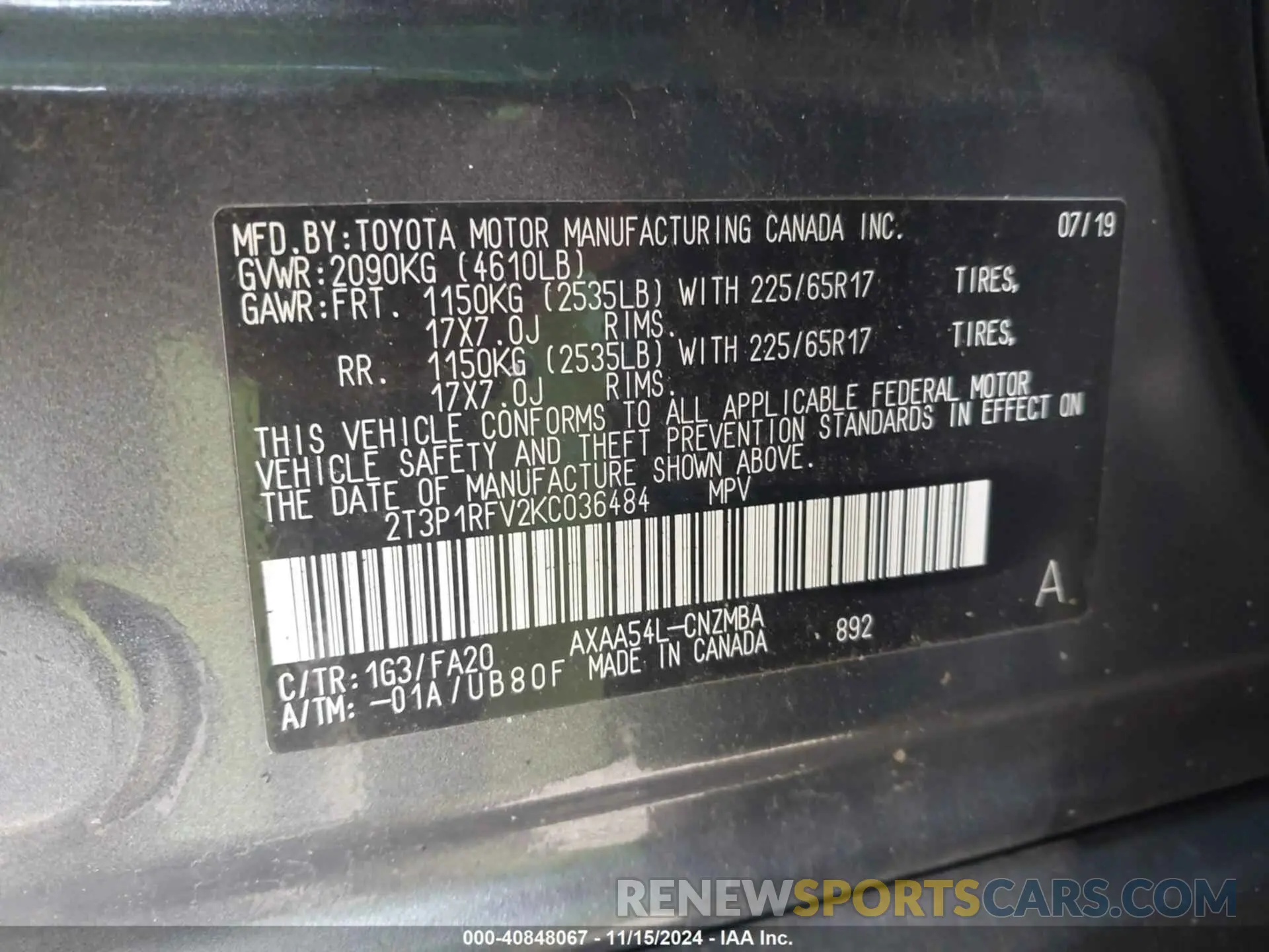 9 Фотография поврежденного автомобиля 2T3P1RFV2KC036484 TOYOTA RAV4 2019