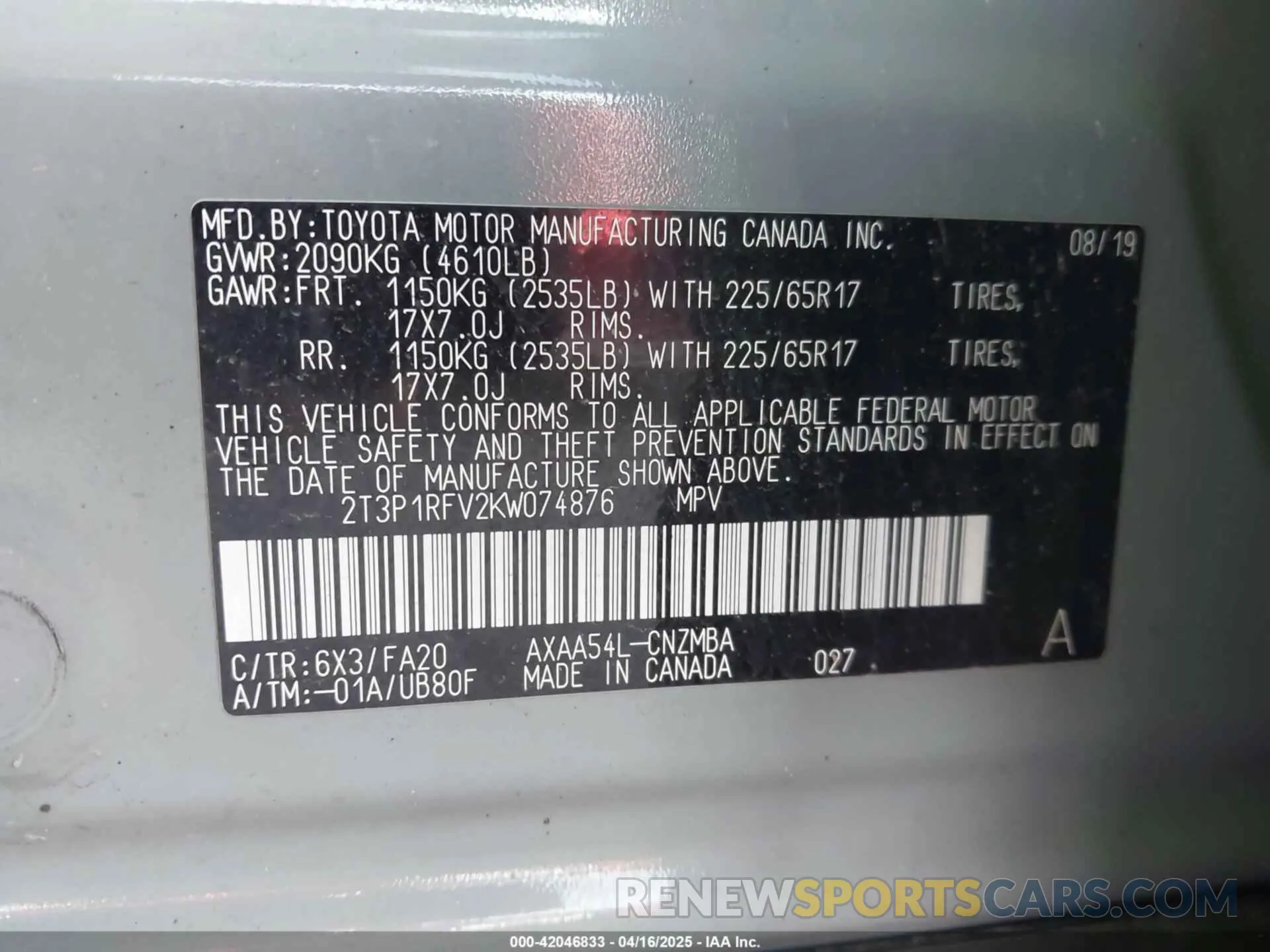 9 Photograph of a damaged car 2T3P1RFV2KW074876 TOYOTA RAV4 2019