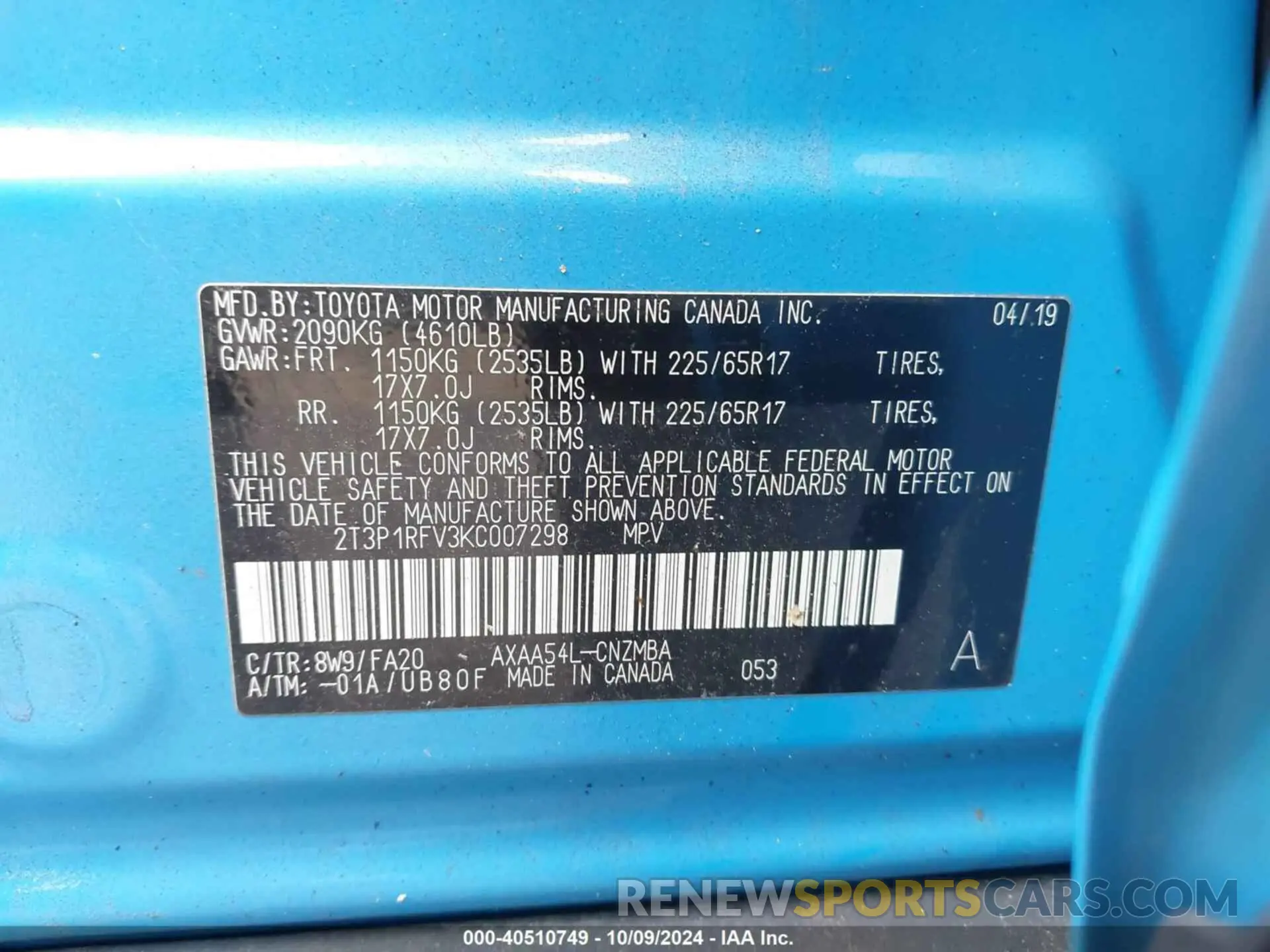 9 Photograph of a damaged car 2T3P1RFV3KC007298 TOYOTA RAV4 2019