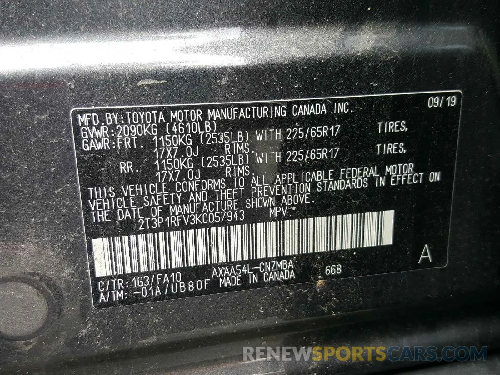 10 Photograph of a damaged car 2T3P1RFV3KC057943 TOYOTA RAV4 2019