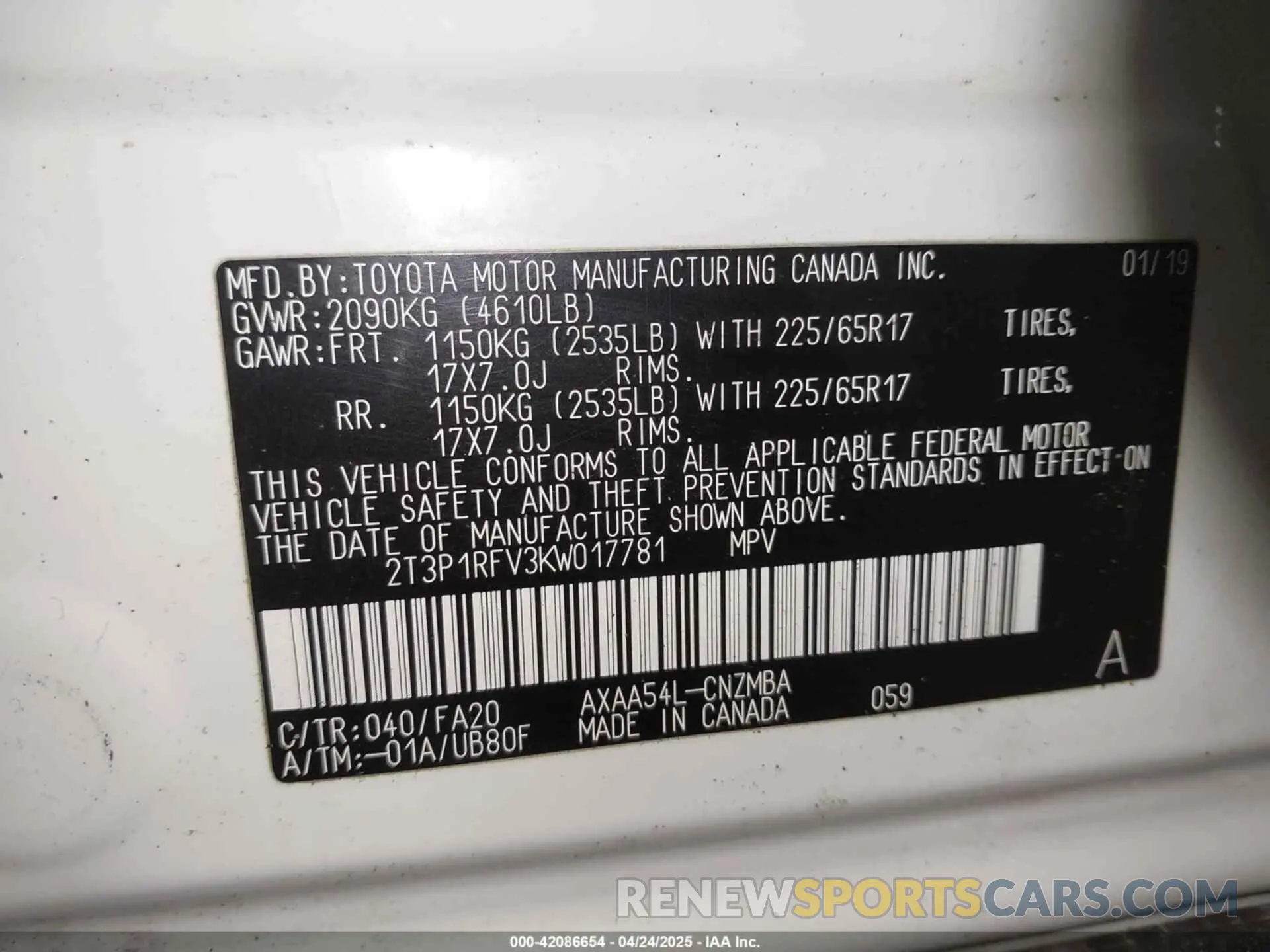 9 Фотография поврежденного автомобиля 2T3P1RFV3KW017781 TOYOTA RAV4 2019