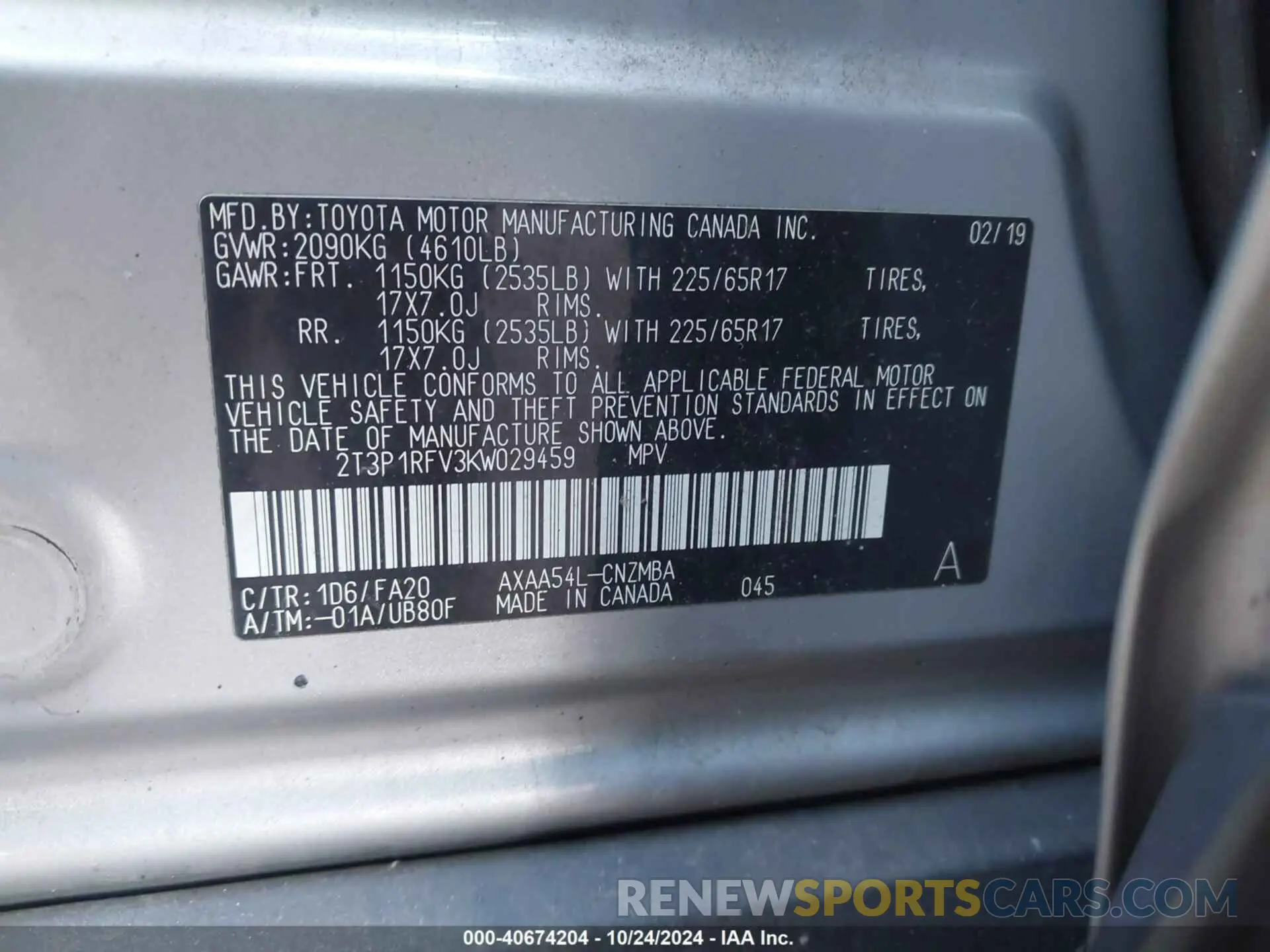9 Фотография поврежденного автомобиля 2T3P1RFV3KW029459 TOYOTA RAV4 2019