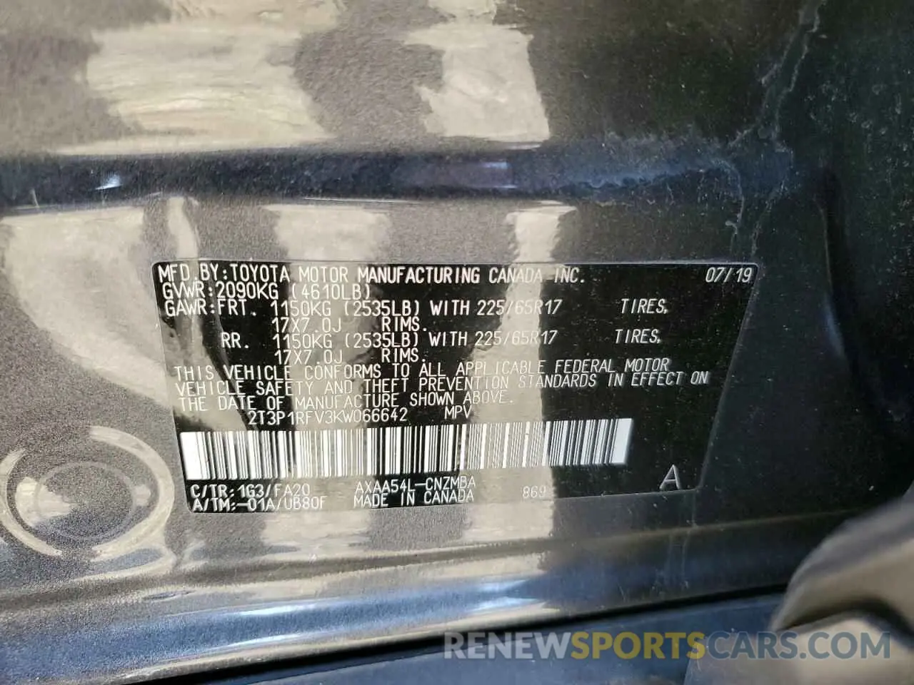 13 Фотография поврежденного автомобиля 2T3P1RFV3KW066642 TOYOTA RAV4 2019