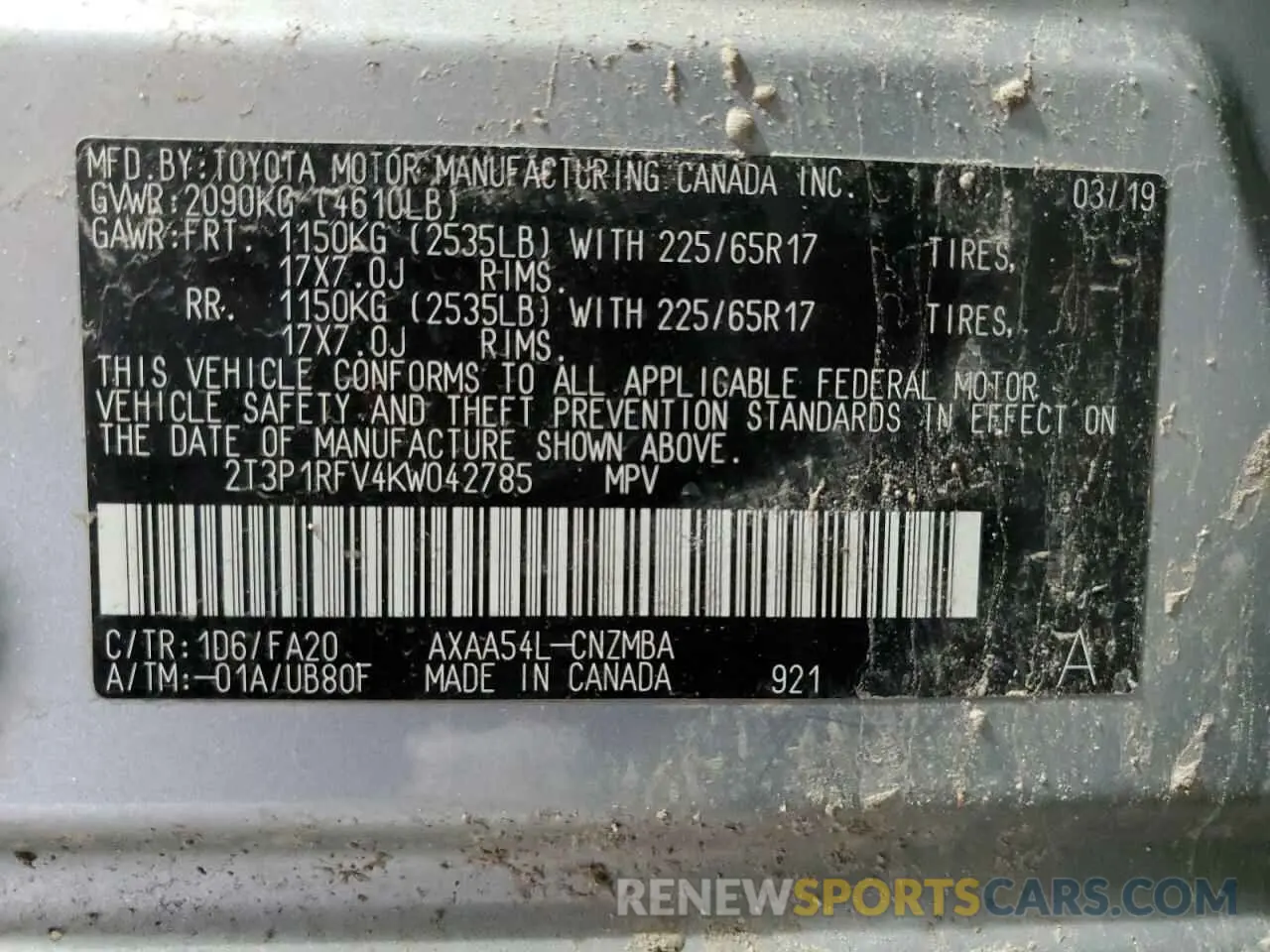 13 Фотография поврежденного автомобиля 2T3P1RFV4KW042785 TOYOTA RAV4 2019